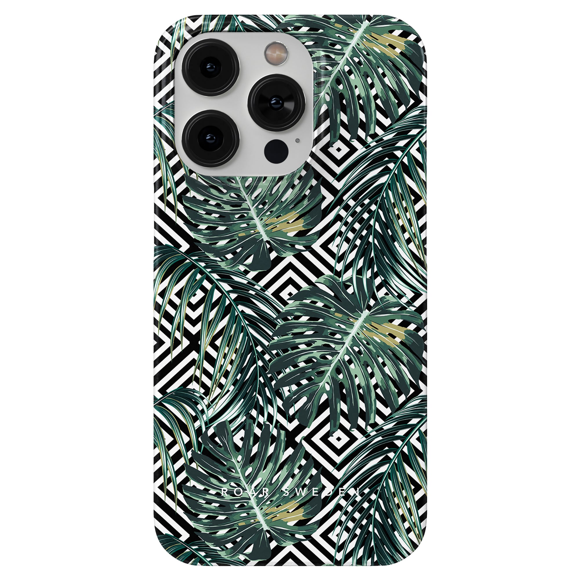 Ett svartvitt telefonfodral med tropiska löv på, inspirerat av djungelns skönhet. (Produktnamn: Geometric Jungle - Tunt fodral / Märke: Printeers)

Geometric Jungle - Slim fodral från Printeers är ett visuellt slående telefonfodral med en fängslande design av svarta och vita tropiska löv. Inspirerat av skönheten i djungelns skönhet, är detta eleganta och snygga telefonfodral det perfekta tillbehöret för att skydda din enhet med stil.