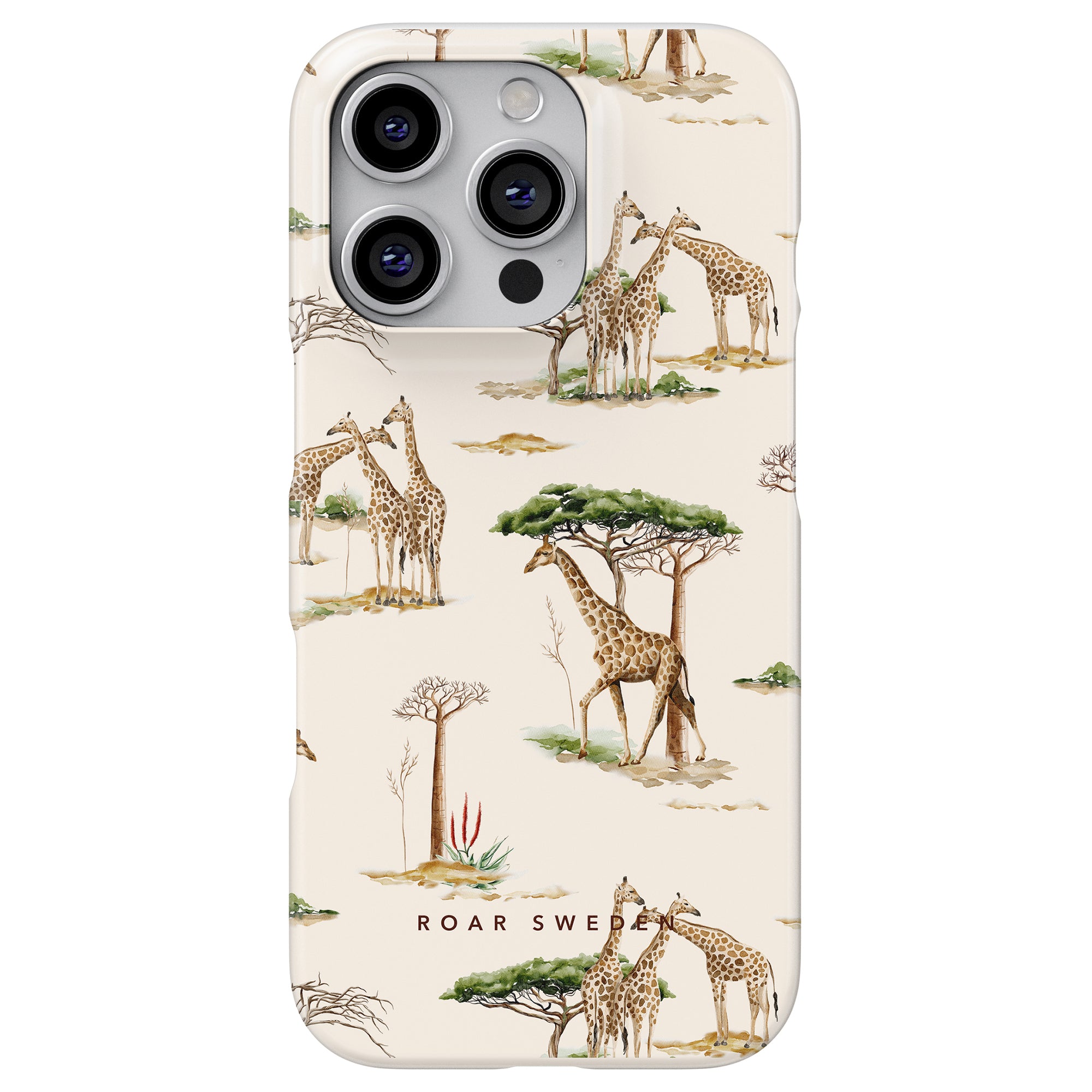 Introducing the Giraffa - Slim Case from our Safari Collection—featuring a delightful giraffe pattern with multiple giraffes and trees on a cream background, it provides excellent smartphone protection.