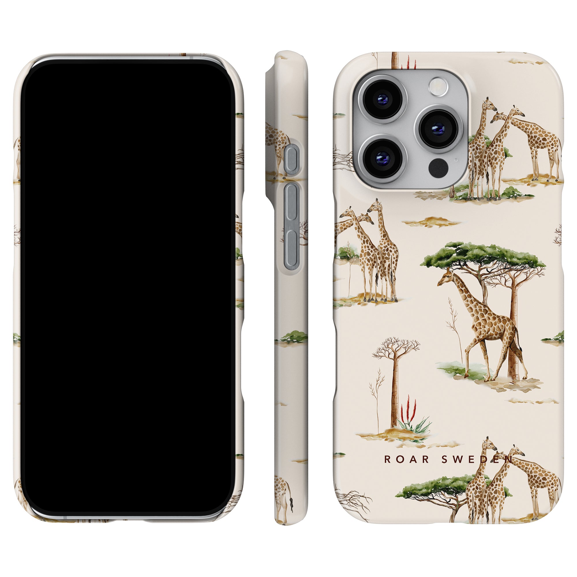 Introducing the Giraffa - Slim Case from our Safari Collection—a phone case adorned with delightful giraffe illustrations and trees set against a beige backdrop. Crafted for sophisticated smartphone protection, this case is as fashionable on your device as it is off.