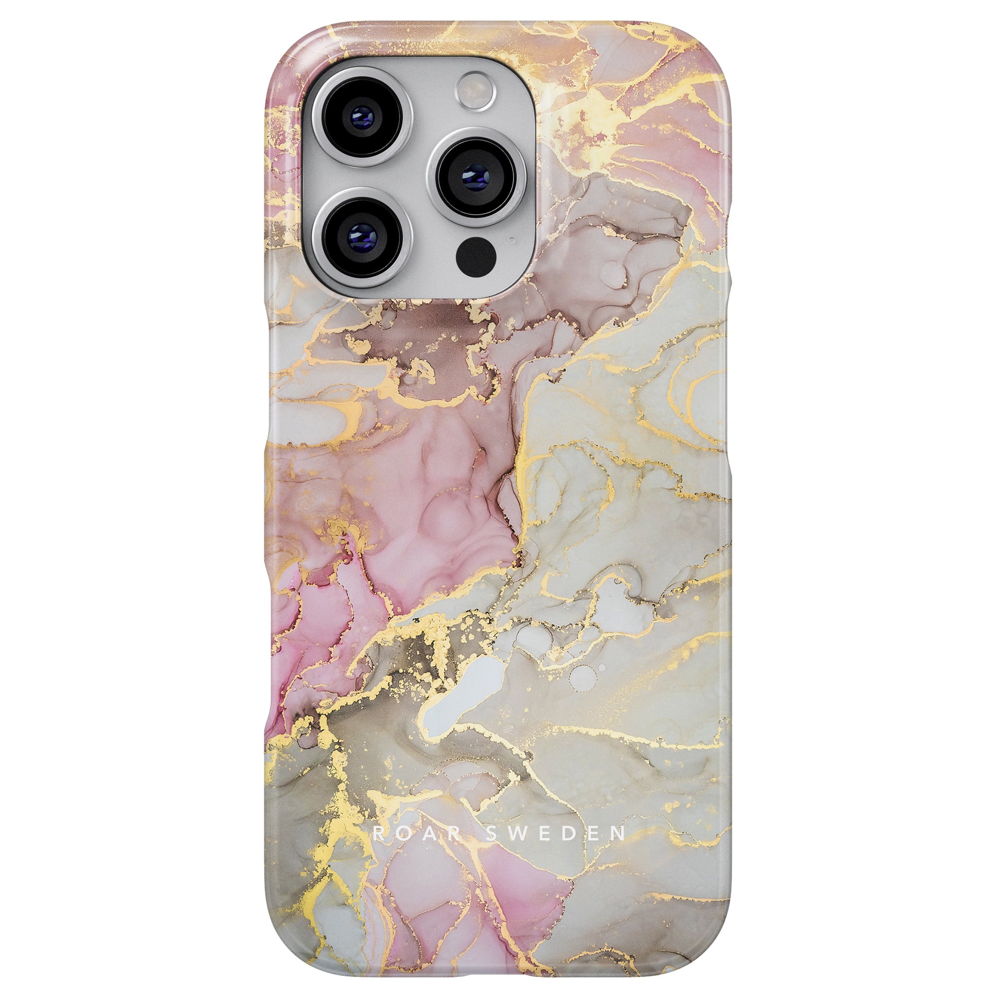 En smartphone med Glitter - Slim fodral, som visar en rosa, grå och guld abstrakt marmordesign tillsammans med marmorinspirerade mönster för en lyxig estetik.