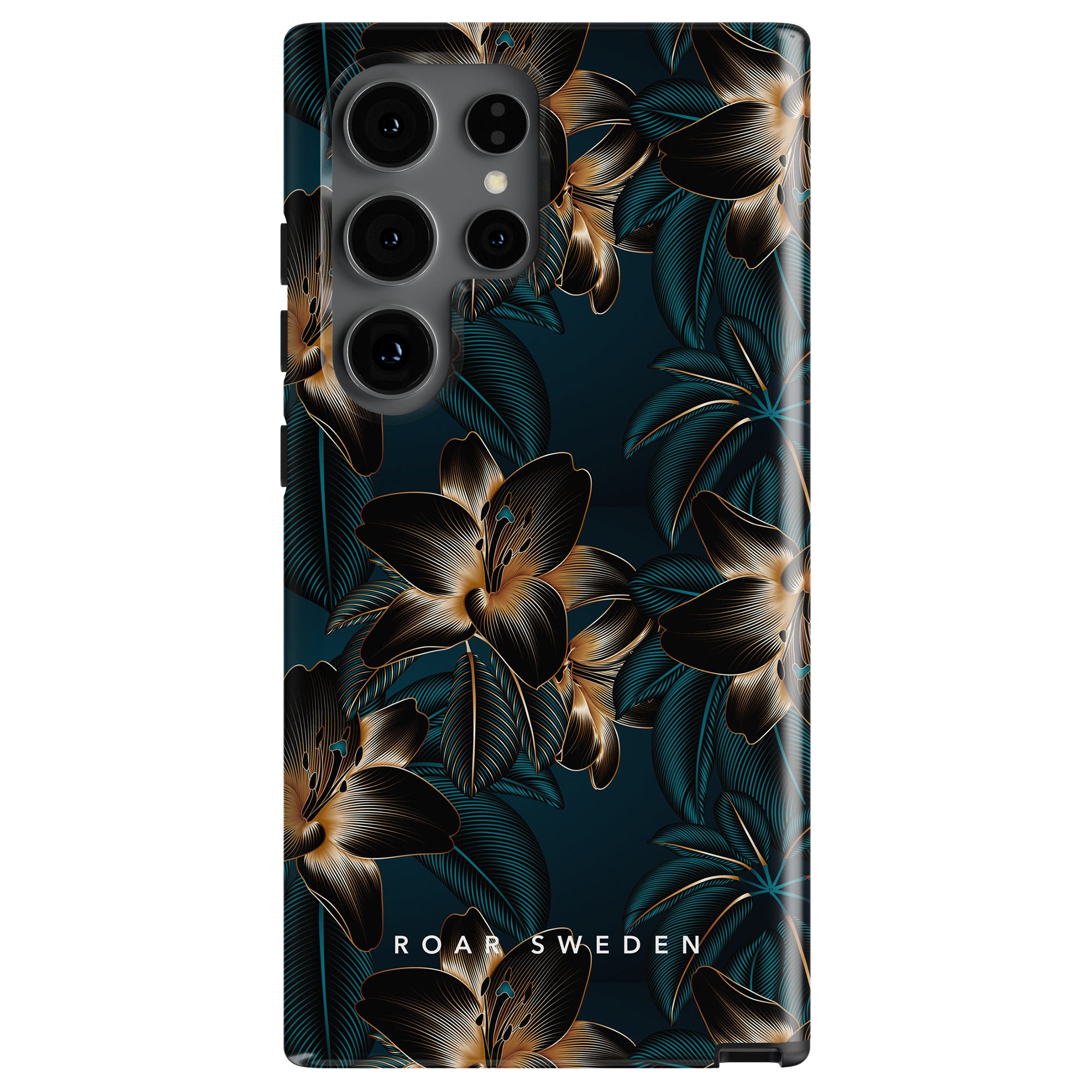 A smartphone case with a dark floral pattern featuring brown and gold flowers and leaves, offering excellent smartphone protection. The case is labeled "ROAR SWEDEN" at the bottom and is part of the Golden Lilies - Tough Case collection.