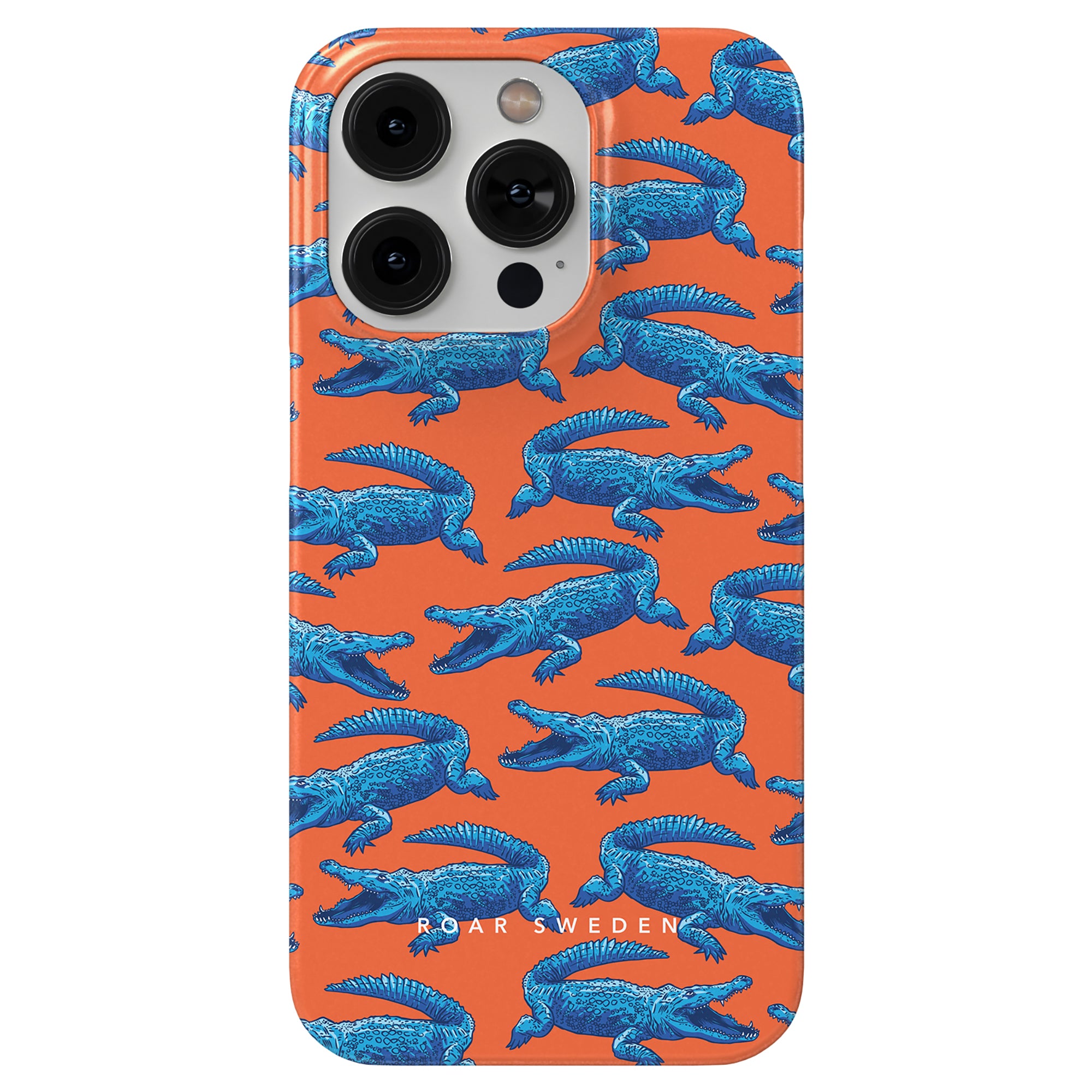 A smartphone with a slim case from the "Groovy Croc - Slim case" collection, featuring a repeating blue Groovy Croc design on an orange background and the text "ROAR SWEDEN" at the bottom, part of the Exotic Animal Collection.