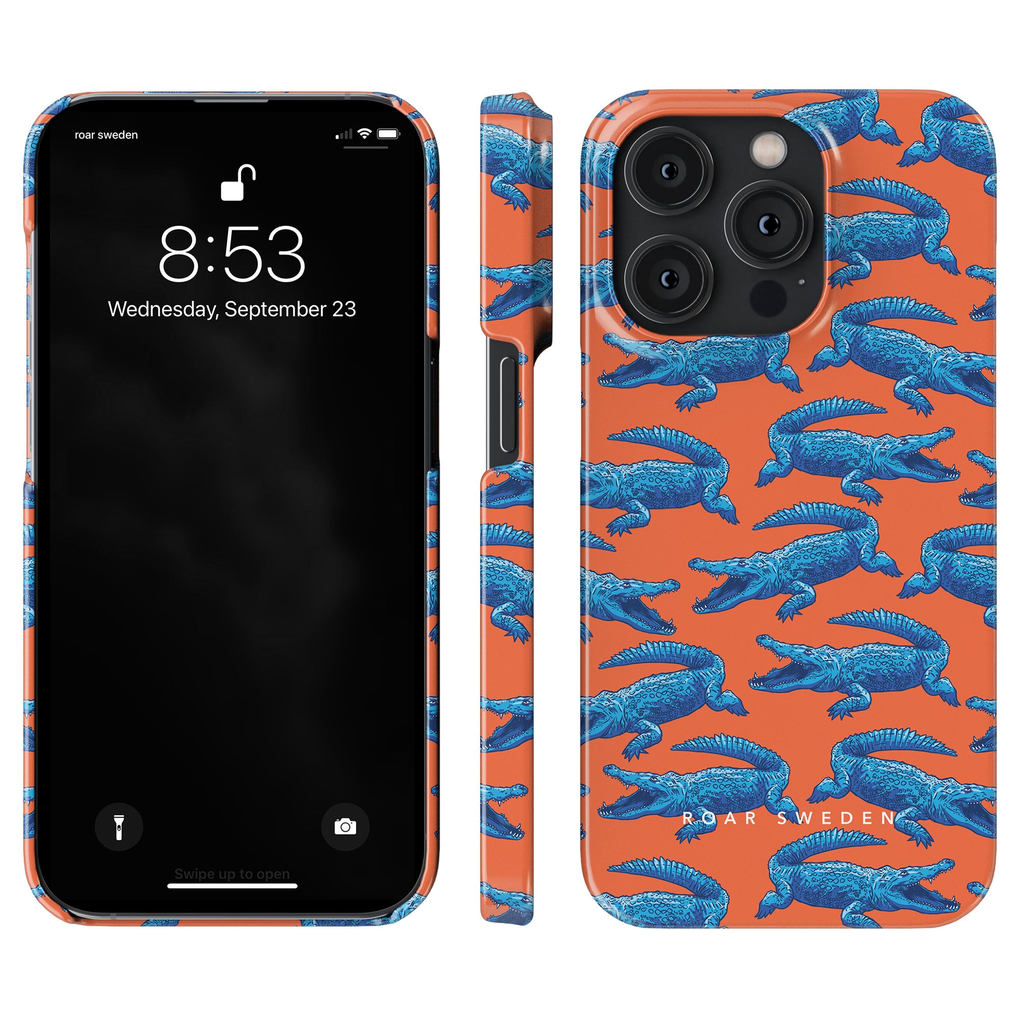 An iPhone with an orange and blue lizard-patterned Groovy Croc slim case from Roar Sweden's Exotic Animal Collection shown from the front, side, and back. The phone screen displays a time of 8:53 and the date, Wednesday, September 23.