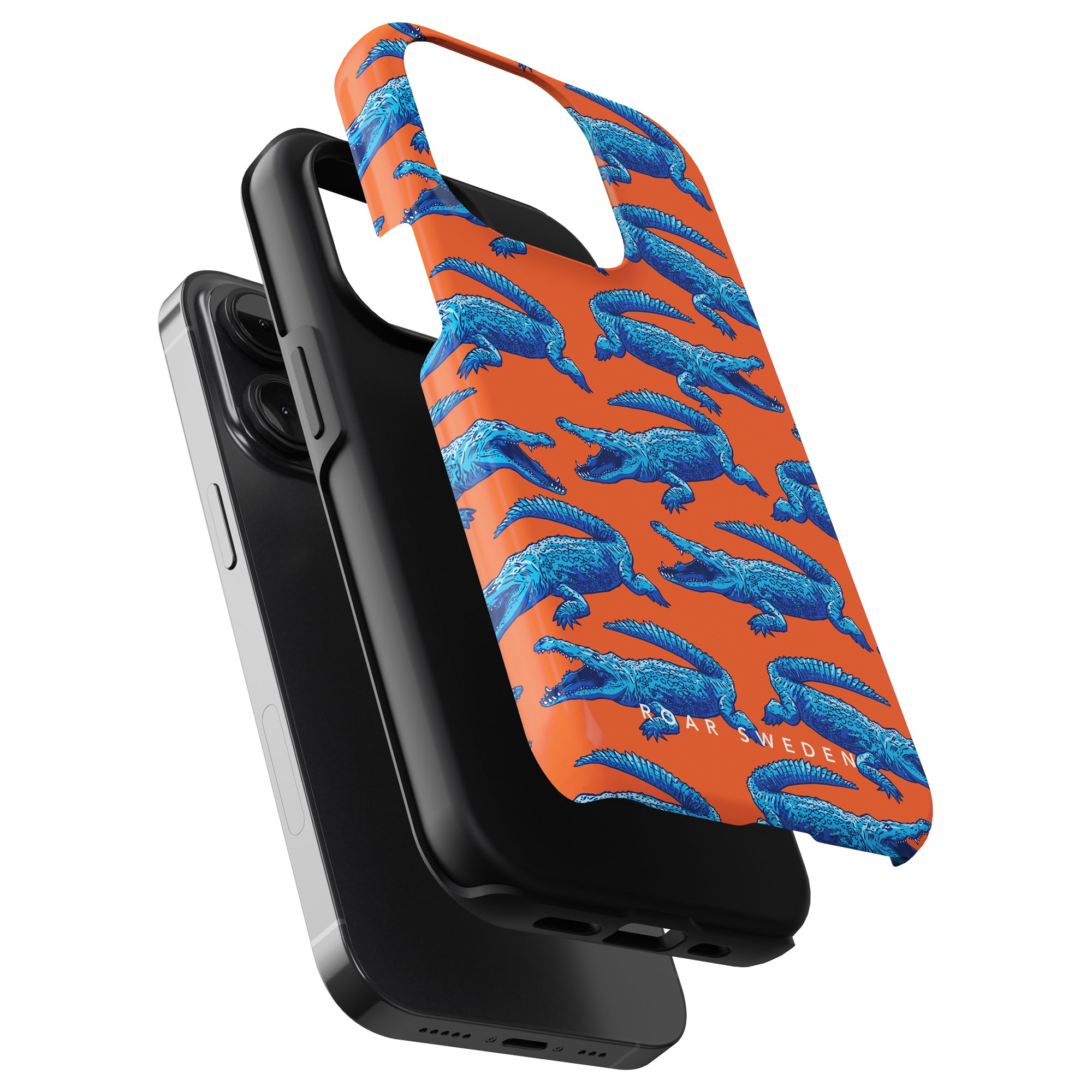 Three smartphone cases are stacked, with the top Roar Sweden mobilskal featuring a vibrant orange color and a pattern of blue birds. The middle Groovy Croc - Tough case is plain black, and the bottom case is attached to a smartphone.