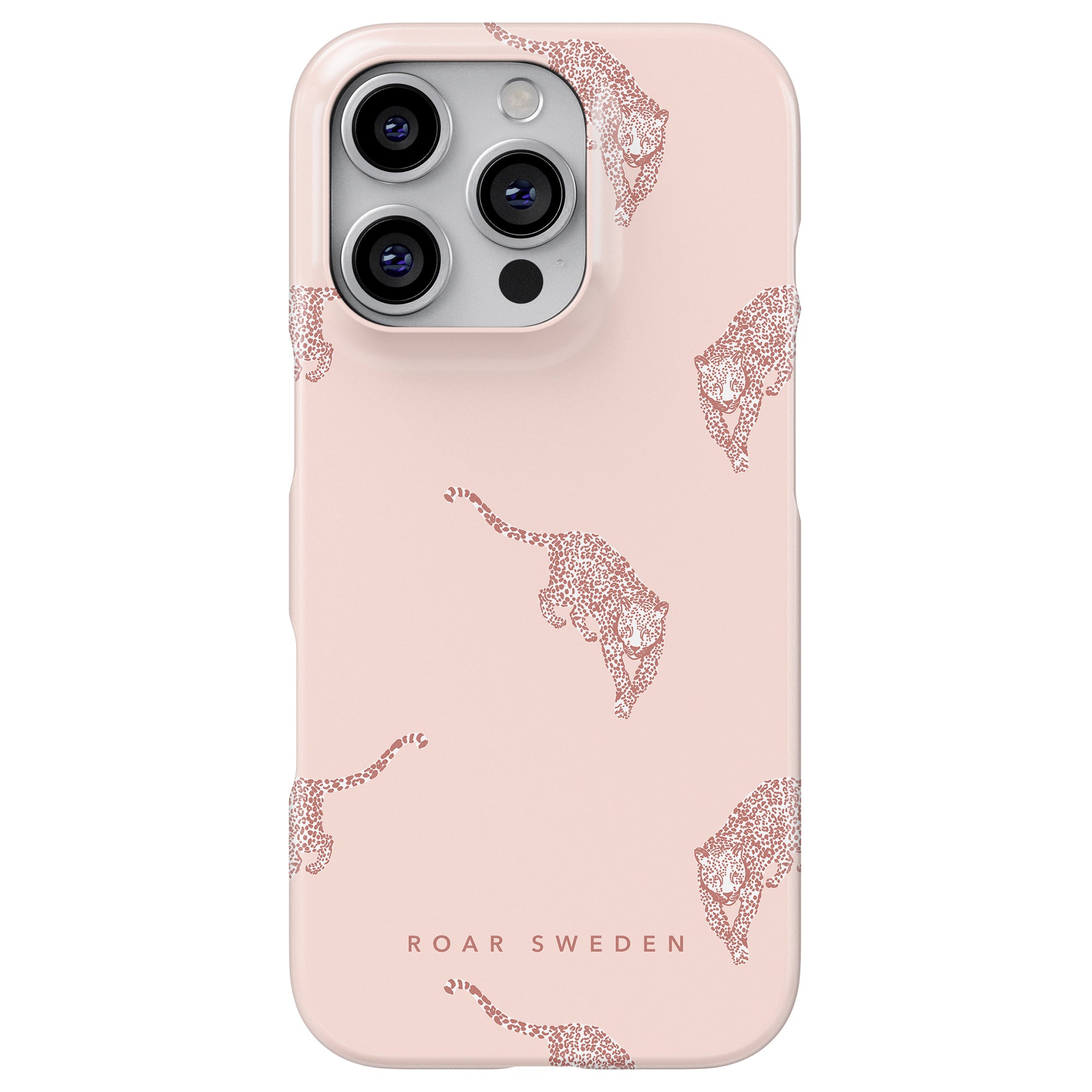 A smartphone user will enjoy the sleek Kitty - Slim case, featuring a triple camera encased in a light pink cover with red leopard print and bold "ROAR SWEDEN" text.