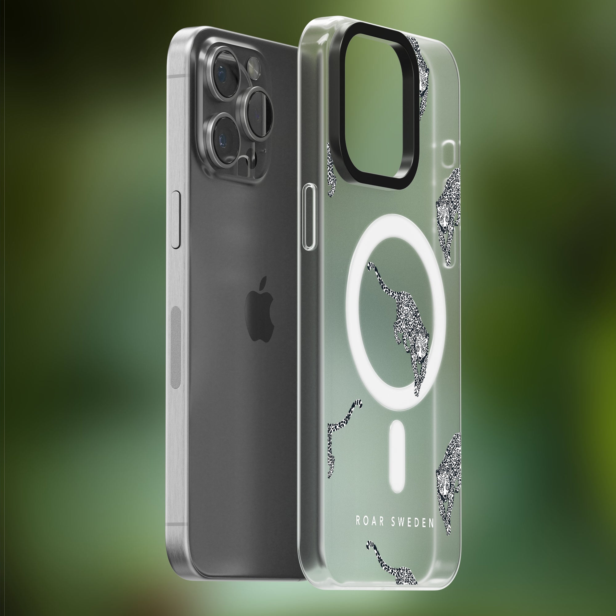 A smartphone with a camera on the upper left corner is placed next to the transparent **Kitty - MagSafe** phone case, which features a ring-shaped design and leopard pattern. The mobilskydd showcases the "ROAR SWEDEN" branding prominently.