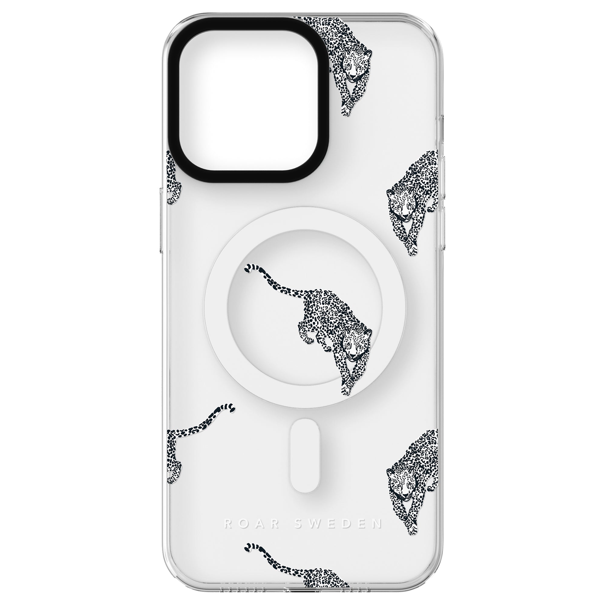 Transparent phone case with a black and white leopard pattern and a circular MagSafe ring in the center. Displays brand name "Roar Sweden" at the bottom. Product: Kitty - MagSafe.