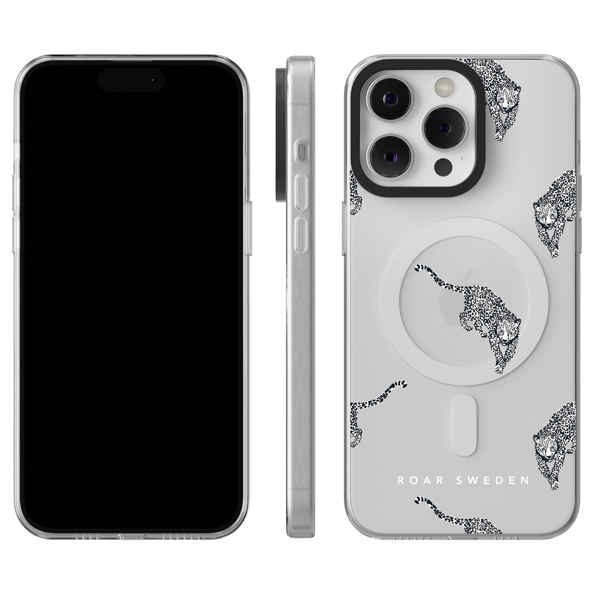 Three views of a smartphone: front, side, and back. The back case is white with black leopard print spots and features a circular magnetic ring for the MagSafe-skal. The brand name "Roar Sweden" is prominently displayed at the bottom, emphasizing its stylish mobilskydd design from the Kitty - MagSafe collection.