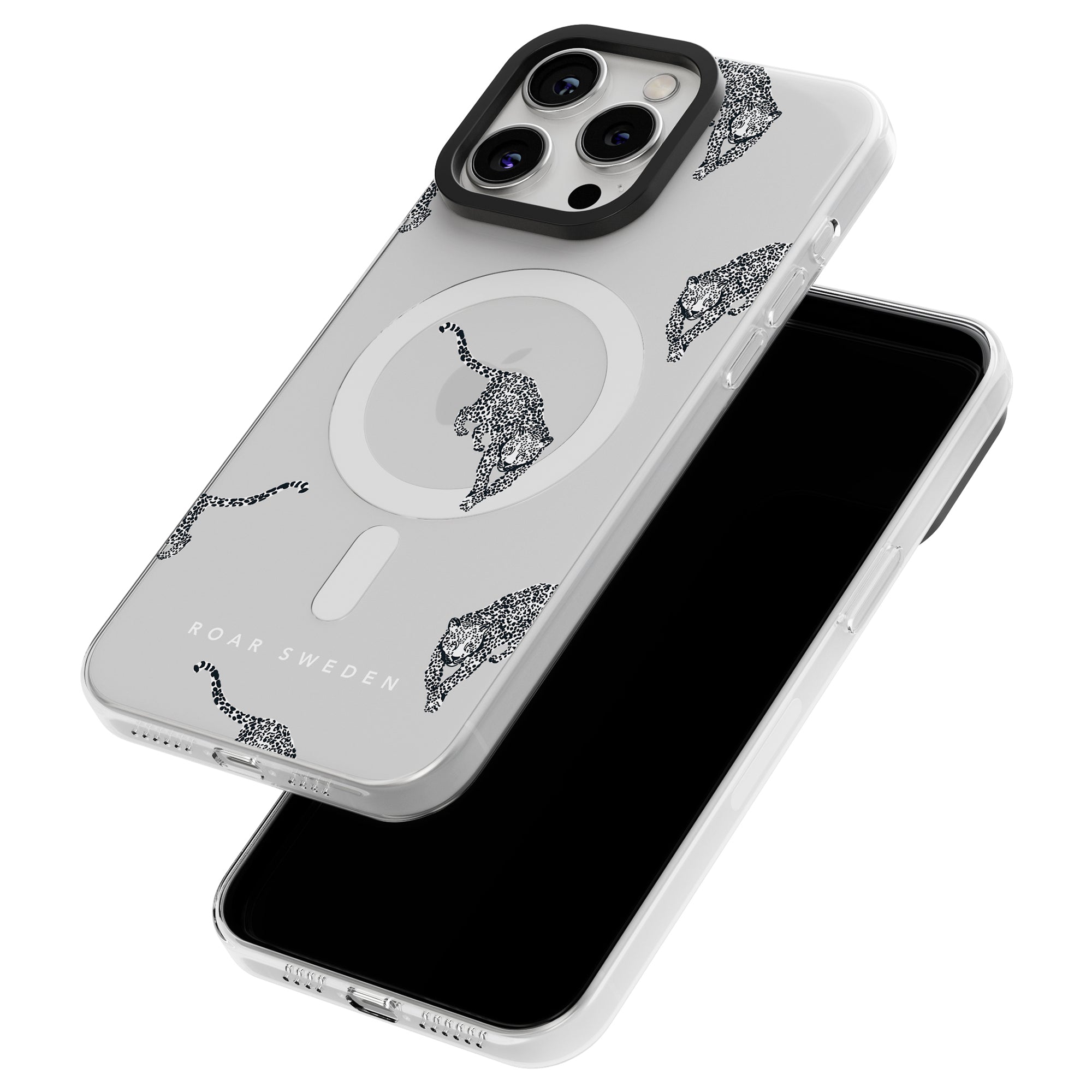 The "Kitty - MagSafe" is a white smartphone case featuring a black leopard pattern and the text "ROAR SWEDEN," designed for phones with three rear cameras. This stylish mobilskydd also supports MagSafe-skal functionality.