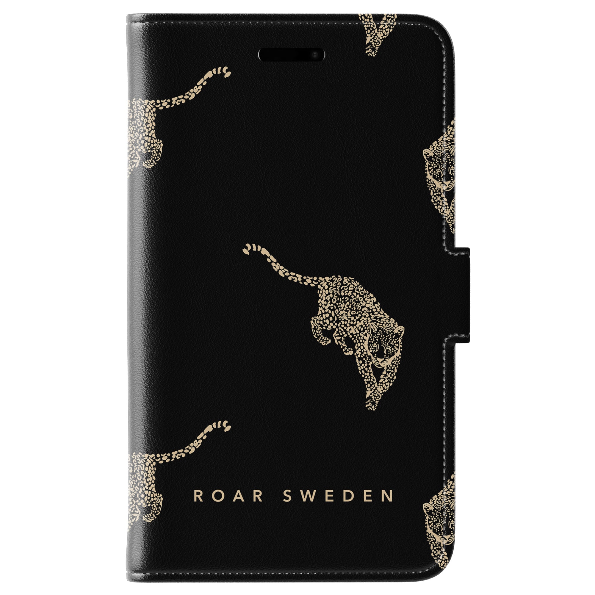 Kitty Black - Plånboksfodral med en guldfärgad leoparddesign och "ROAR SWEDEN"-text på framsidan, som elegant blandar kattcharm.