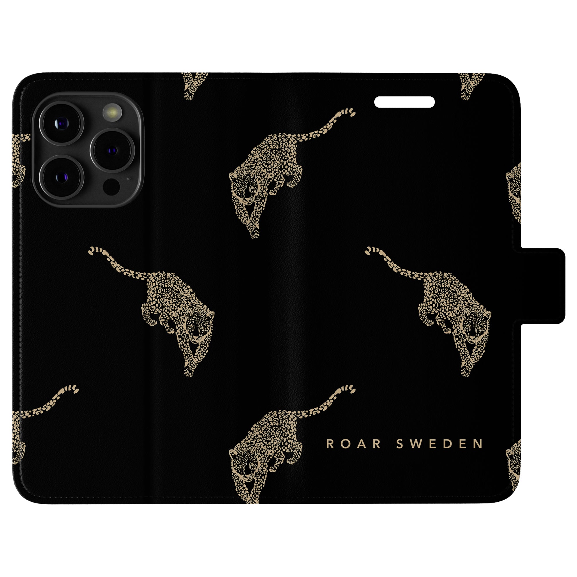 Kitty - Plånboksfodral i svart, prydd med guld leoparddesign och frasen "Roar Sweden" i det nedre högra hörnet, med en subtil kattmönster touch för en stilfull look.