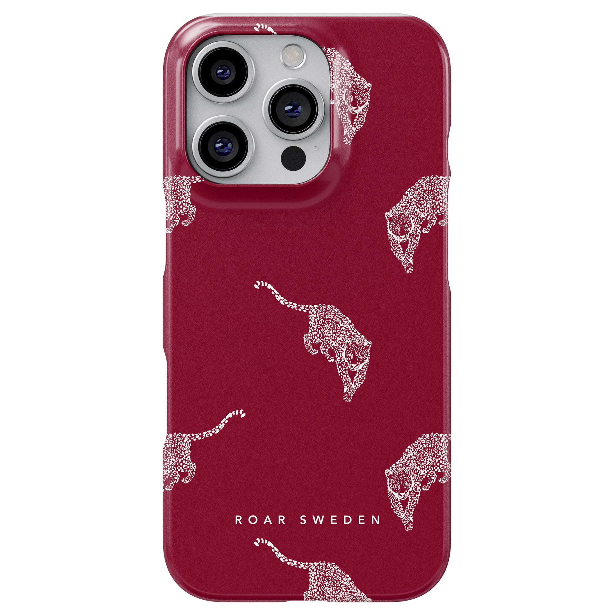 Unveil the charm of our Kitty Burgundy slim case, adorned with a stylish leopard pattern and the striking "Roar Sweden" text. This sleek case merges elegance with practicality, making it an essential accessory for those who desire both protection and flair.