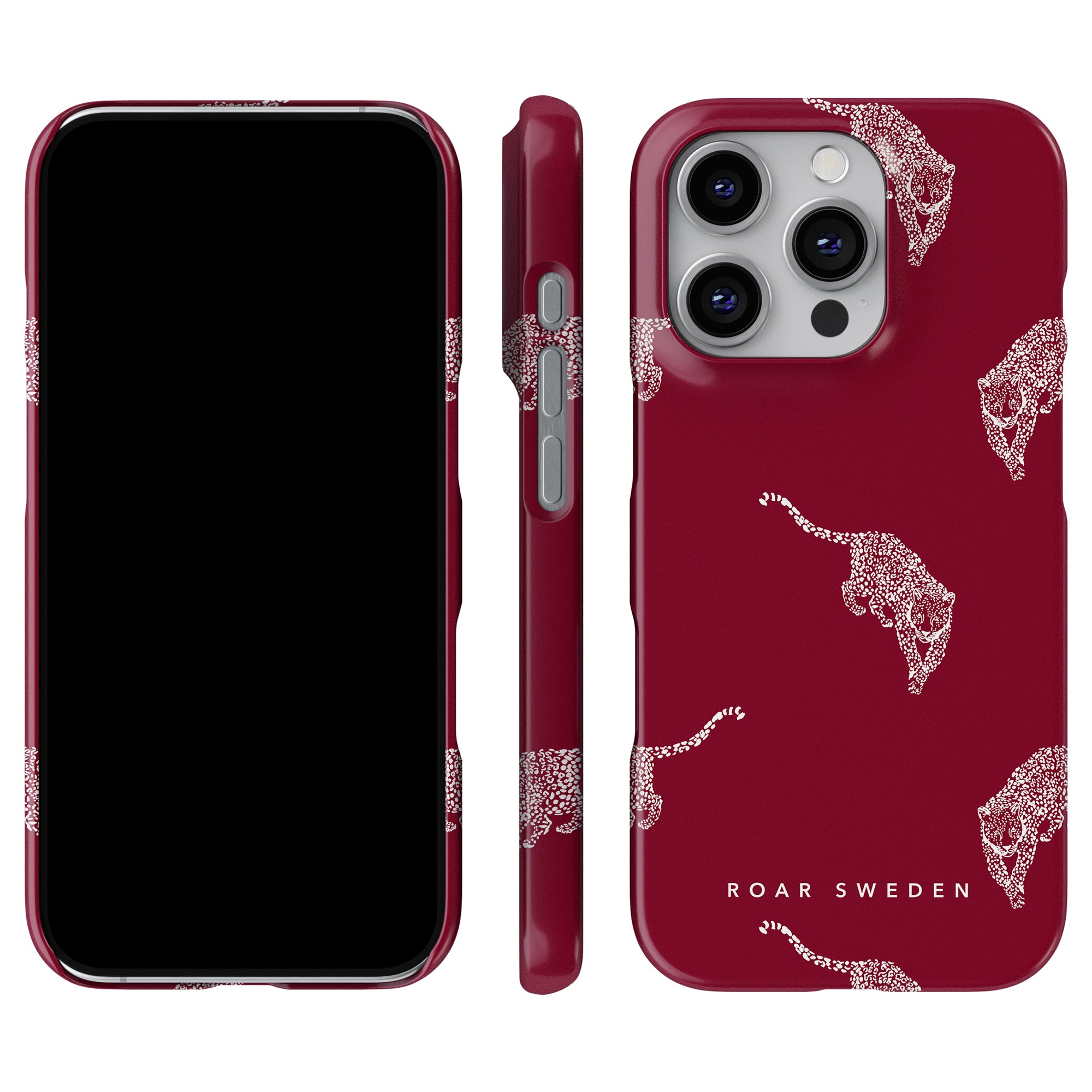 Kitty Burgundy slim case with a white leopard pattern, displayed from the front, side, and back angles. The back features the "Roar Sweden" mark, offering a stylish touch in every detail.