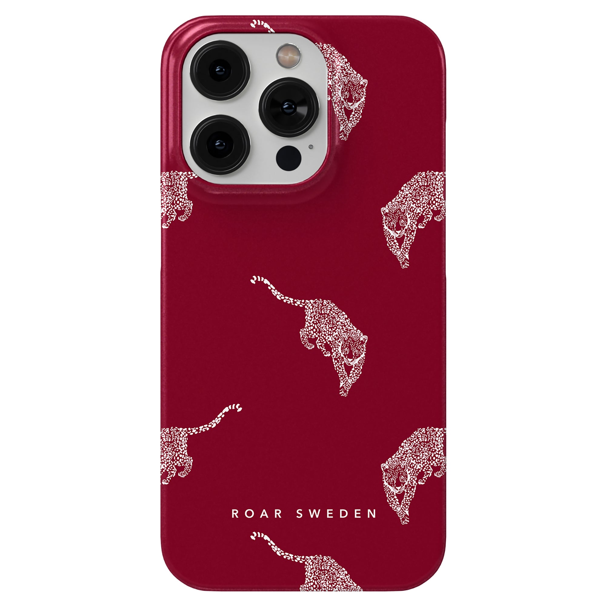 This elegant slim case, named Kitty Burgundy, boasts intricate white fox designs on a vibrant red background and is adorned with the text "Roar Sweden" at the bottom.