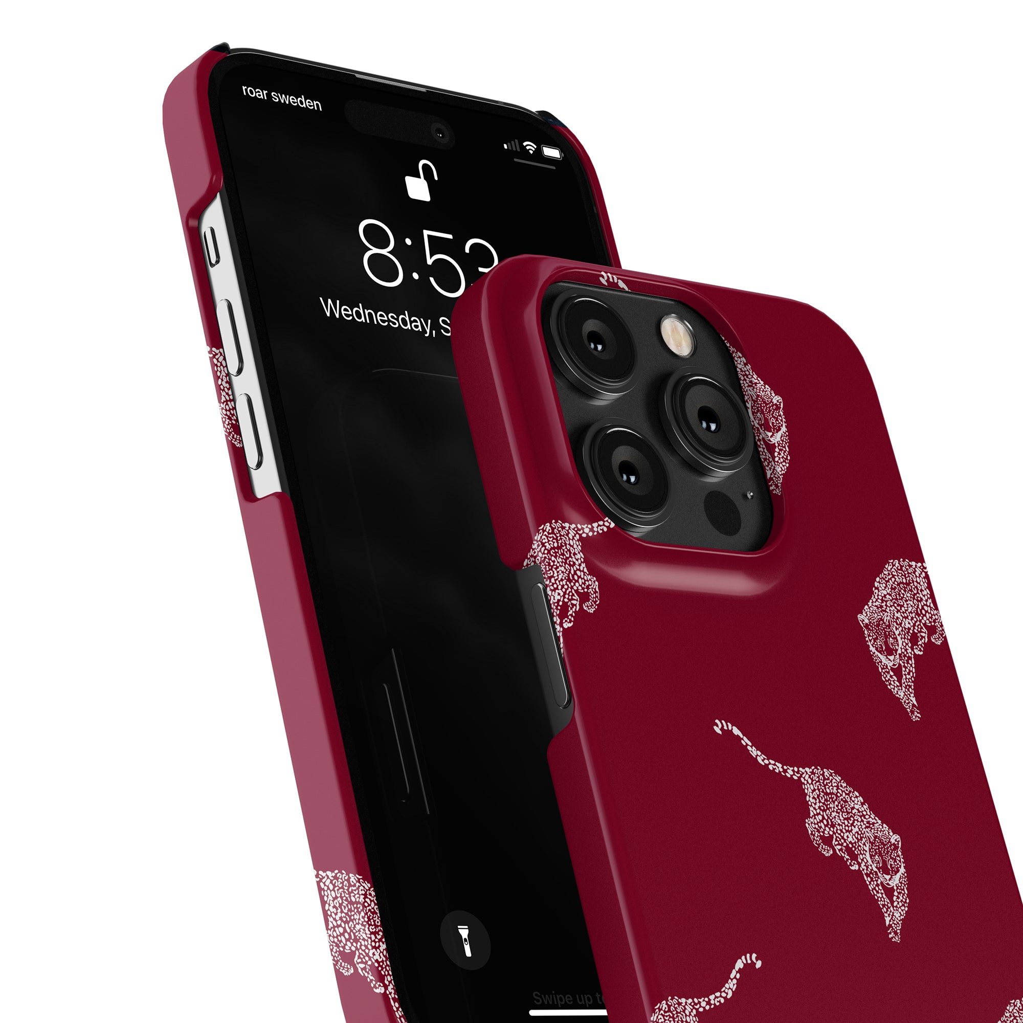 A slim smartphone case named Kitty Burgundy, in a striking red hue with a white leopard pattern, showcases the device's lock screen displaying the time as 8:53 and the date as Wednesday, September 7.