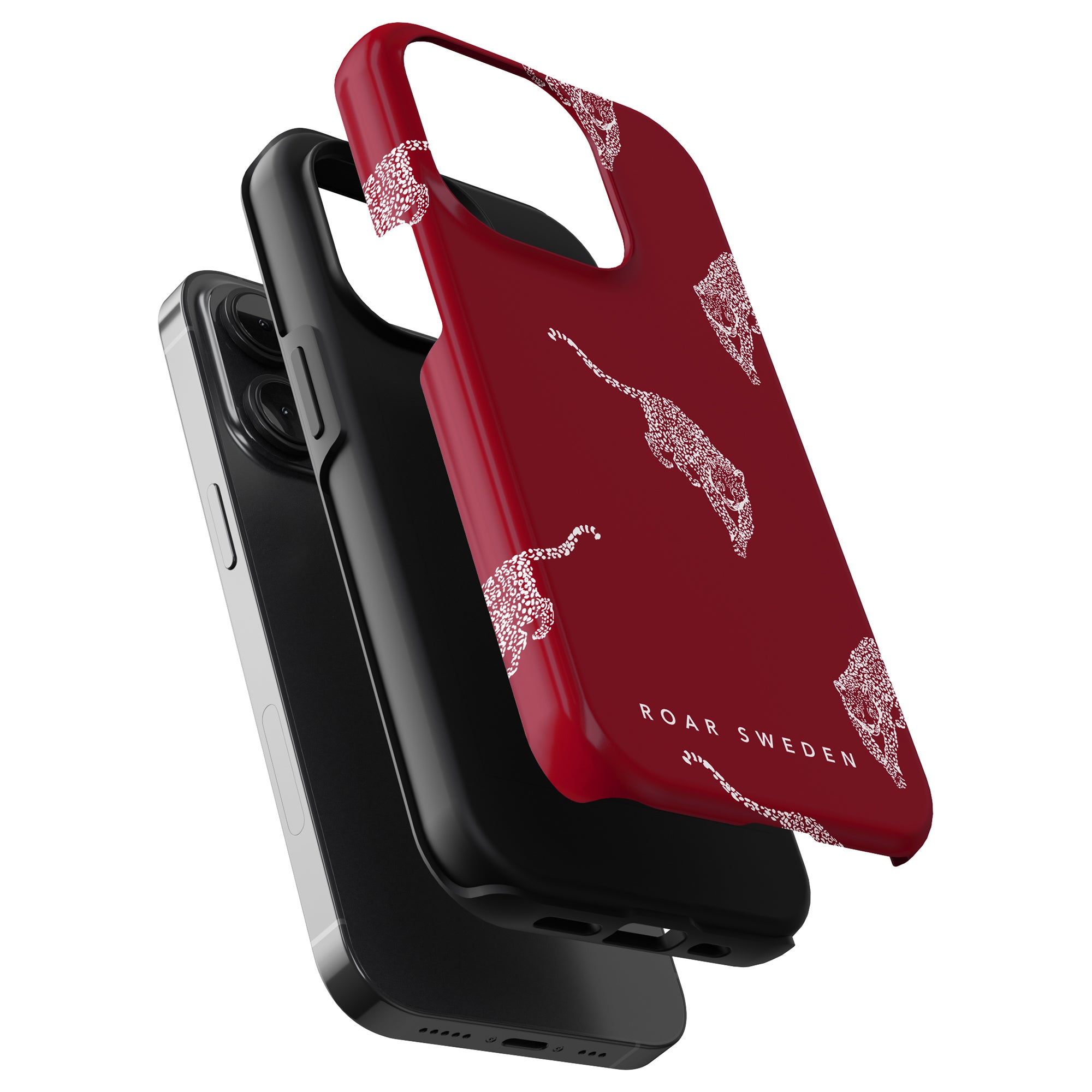 Three smartphone cases stacked: one with a red leopard design from the Leopard-kollektion featuring "Roar Sweden" text, one Kitty Burgundy tough case in black, and one clear case showcasing the phone inside.