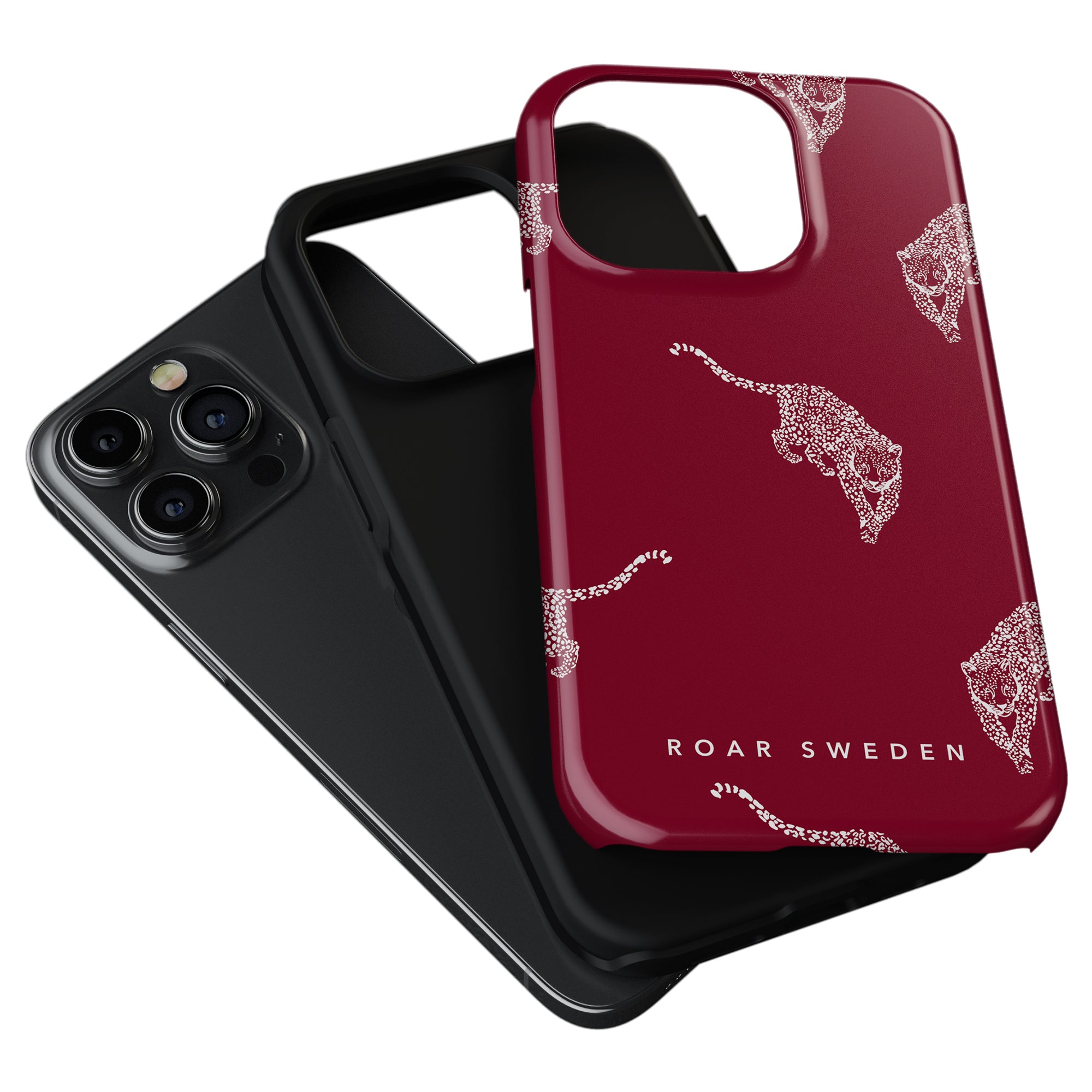 Two stylish smartphone cases: the Kitty Burgundy - Tough Case in black with a camera lens, and another in vibrant red with a bold Leopard-kollektion pattern and "Roar Sweden" text.