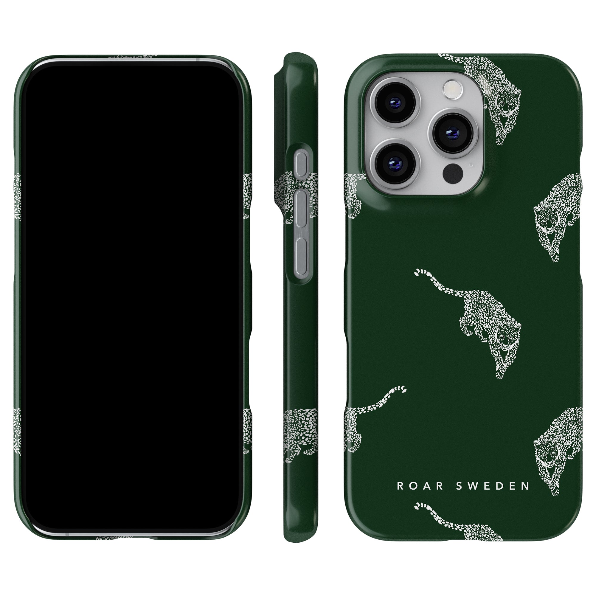 Kitty Emerald - Slim case featuring a green base and white leopard print pattern from the Leopard-kollektionen with "ROAR SWEDEN" text. Displayed in front, side, and back views, this slim case seamlessly blends style with protection.