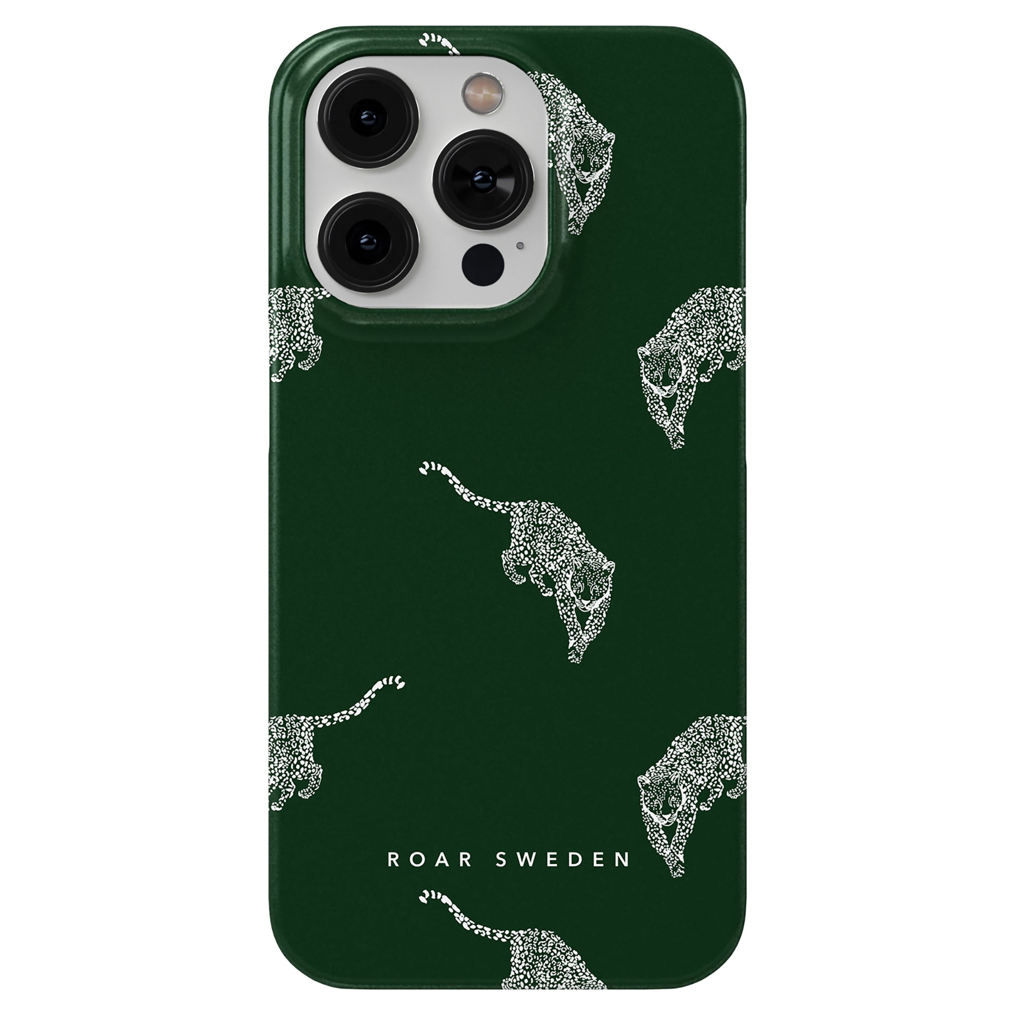 Slim phone case in emerald featuring white leopard illustrations and "Roar Sweden" text, part of the Leopard-kollektionen, known as the Kitty Emerald - Slim case.