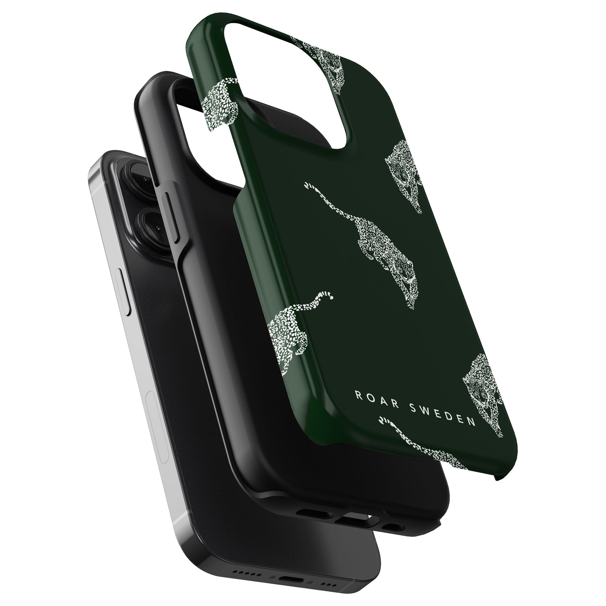 Introducing the Kitty Collection: a trio of stacked phone cases featuring the sleek transparent design, a striking black case, and the standout Kitty Emerald - Tough Case, showcasing a vibrant green cheetah print with "Roar Sweden" in an eye-catching leopard pattern.