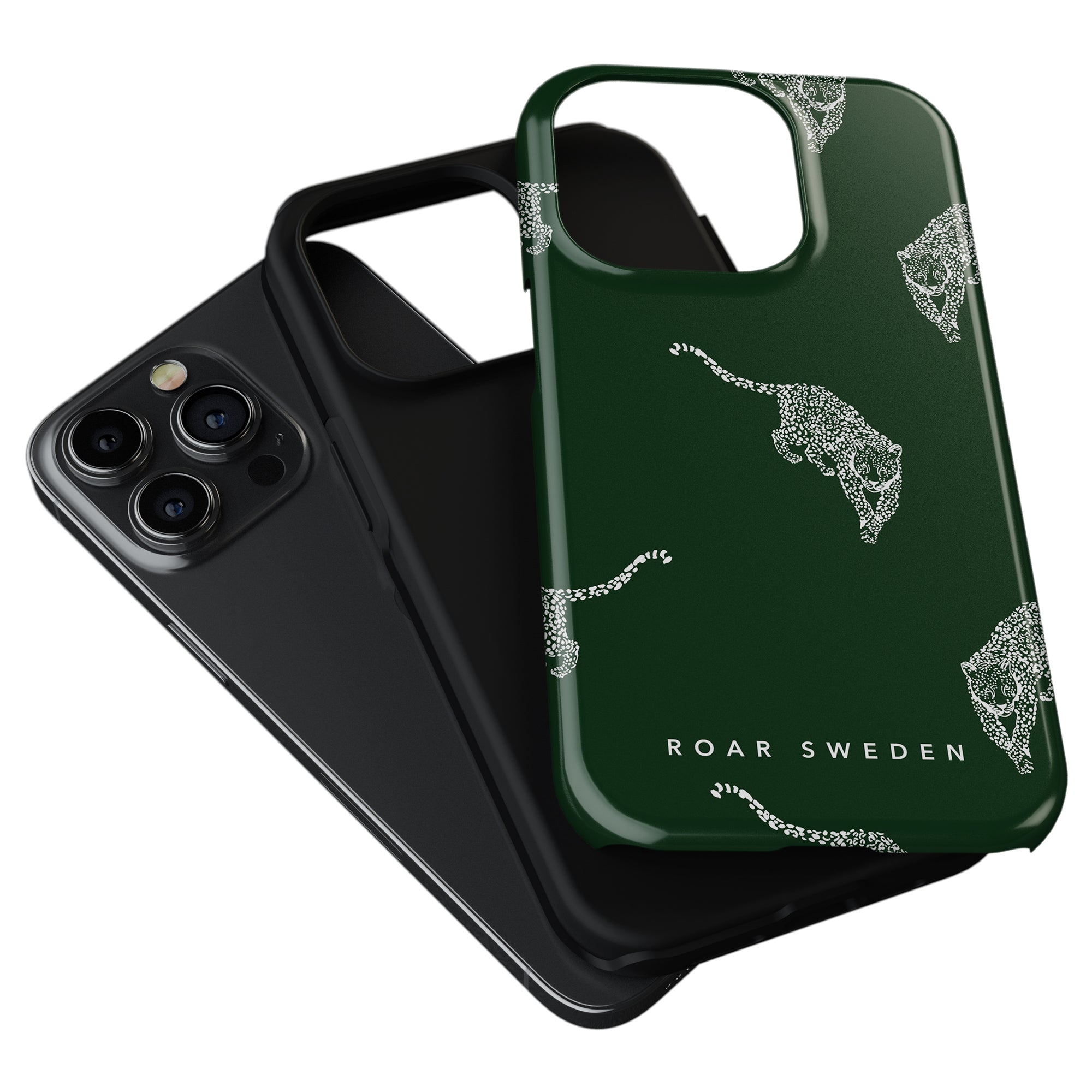 Two phone cases from the Kitty Collection are showcased alongside a phone. One features a sleek black design, while the other is the "Kitty Emerald" - a tough case boasting a vivid green color with an eye-catching white leopard pattern and the words "Roar Sweden." These durable cases seamlessly combine style and protection.