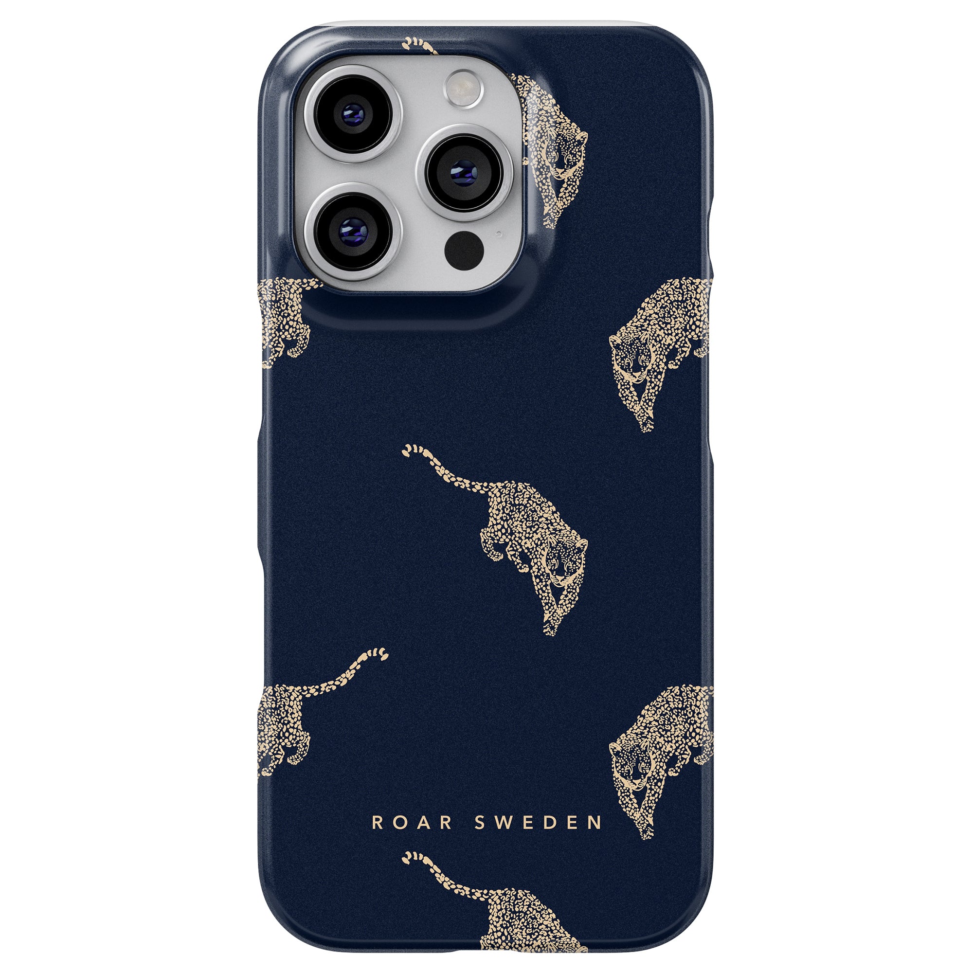 A premium accessory, the Kitty Grand - Slim case for smartphones in a navy design showcases elegant gold leopard patterns with the text "Roar Sweden" displayed at the bottom.