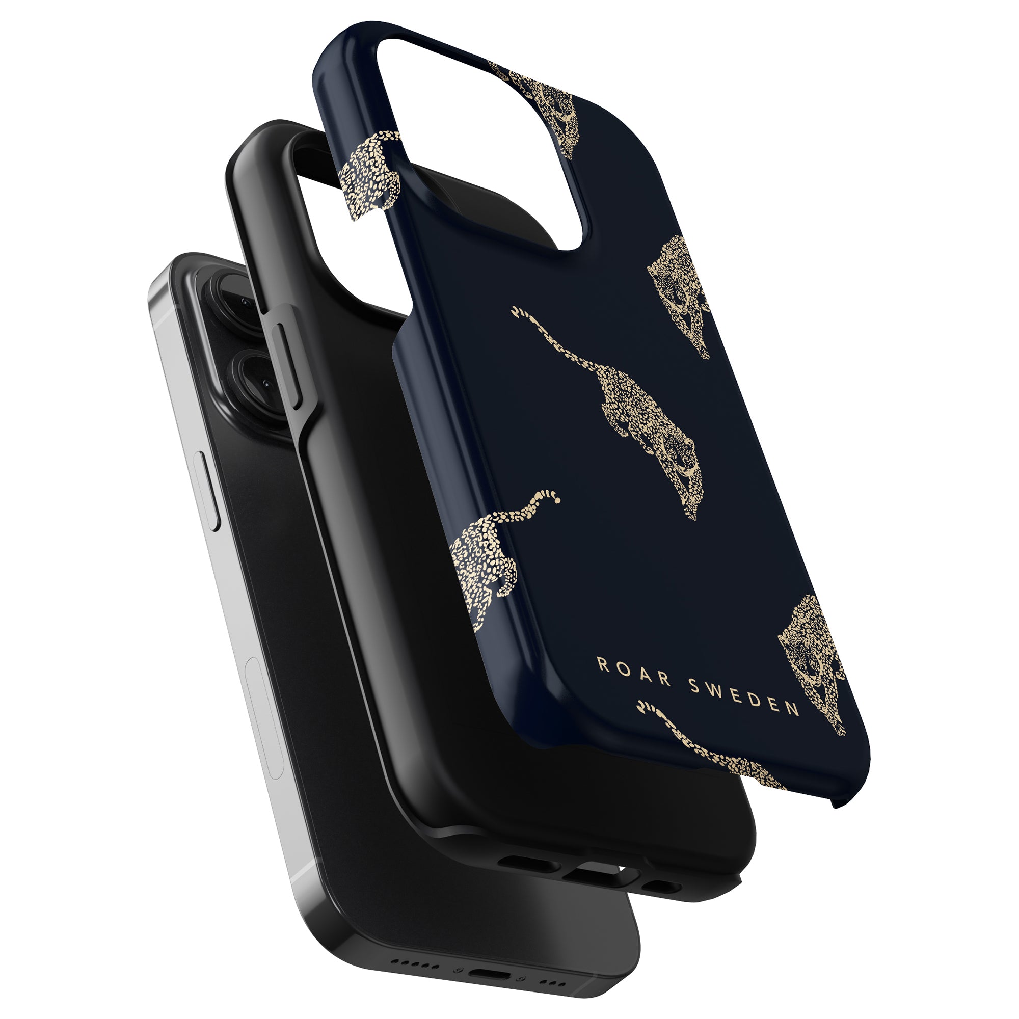 Three smartphone cases are stacked. The top case is the Kitty Grand - Tough Case in navy with leopard print designs and "Roar Sweden" text, capturing elegance and strength. The other two cases are sleek and black, providing a versatile look for any occasion.