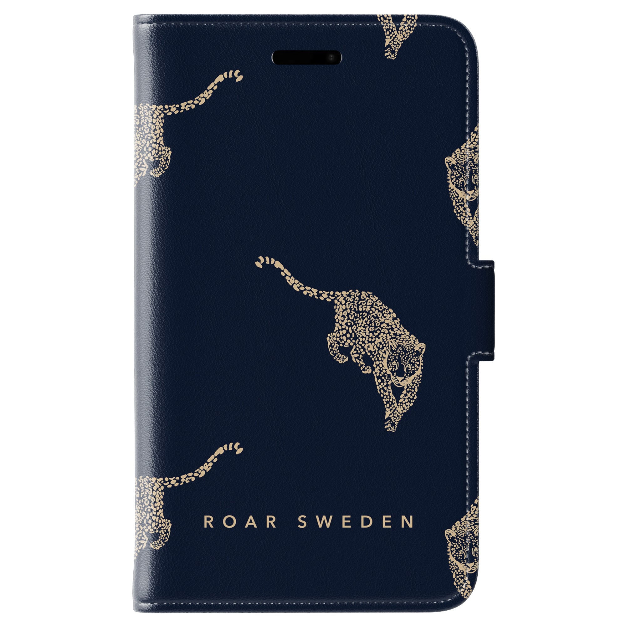 Marinblå Kitty Grand Wallet-fodral prydd med guld leopardillustrationer, perfekt för Kitty-serien. Texten "ROAR SWEDEN" pryder botten och ger en elegant kattkänsla med en touch av kattmönstercharm.