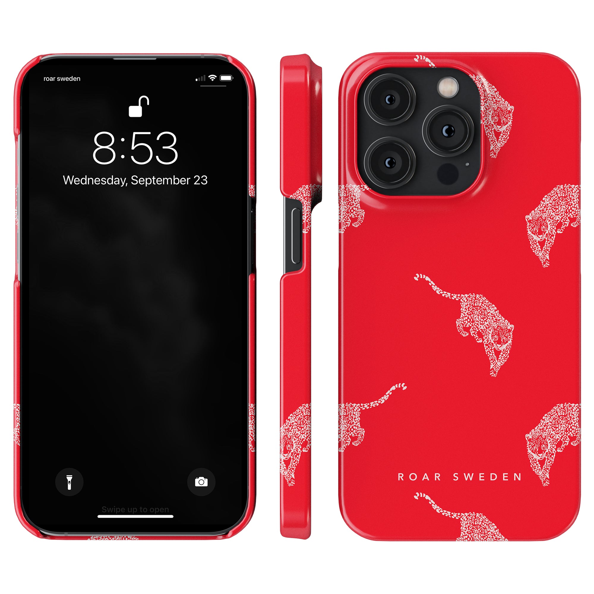 Two views of a smartphone with the Kitty Red - Slim case, adorned with a leopard design and "ROAR SWEDEN" text. The mobilskal not only adds style but also provides essential skydd. The screen displays the time as 8:53 and the date as Wednesday, September 23.