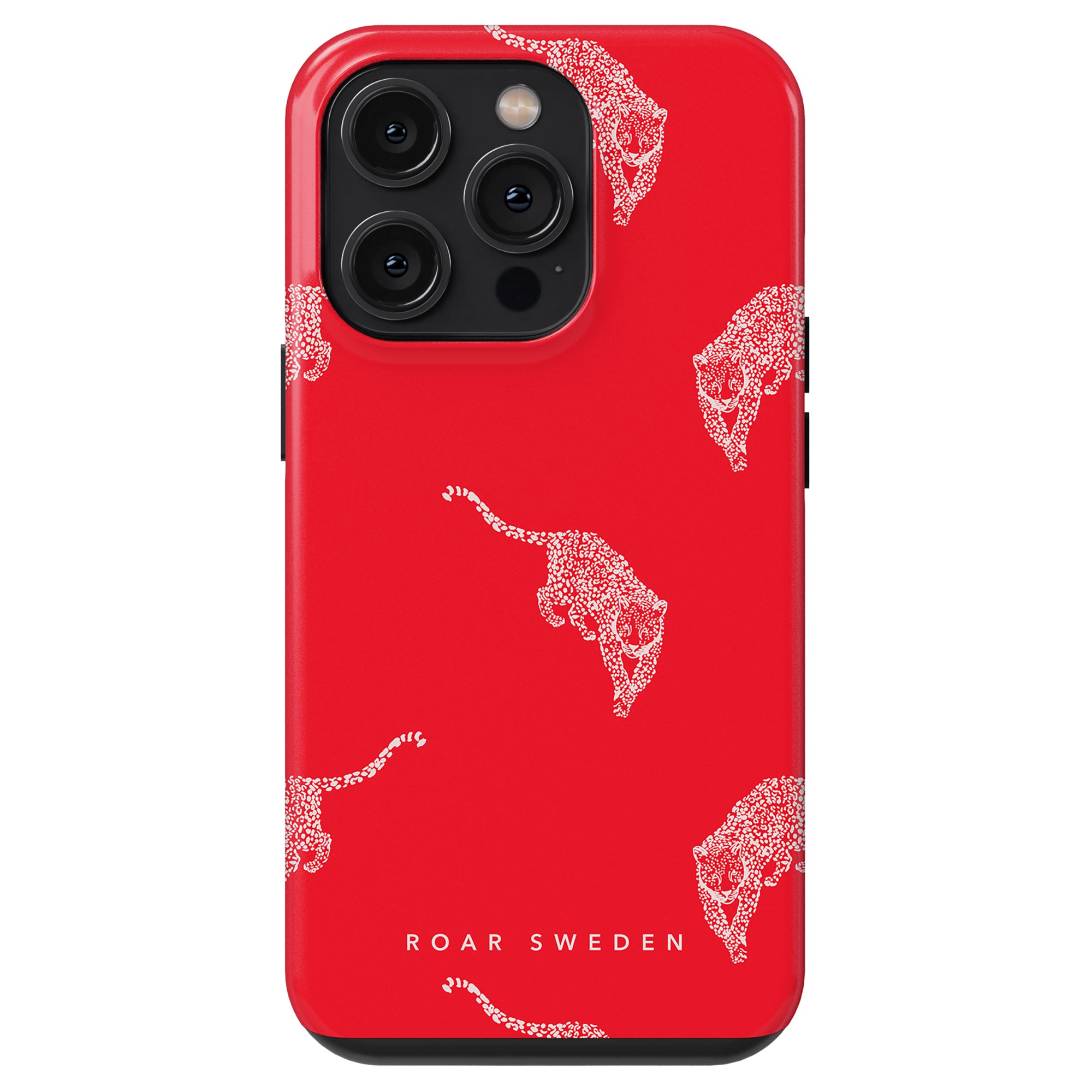 A red smartphone case with a textured white leopard design and the brand name "ROAR SWEDEN" printed at the bottom, this Kitty Red Tough Case offers both stil och skydd with its elegant design.