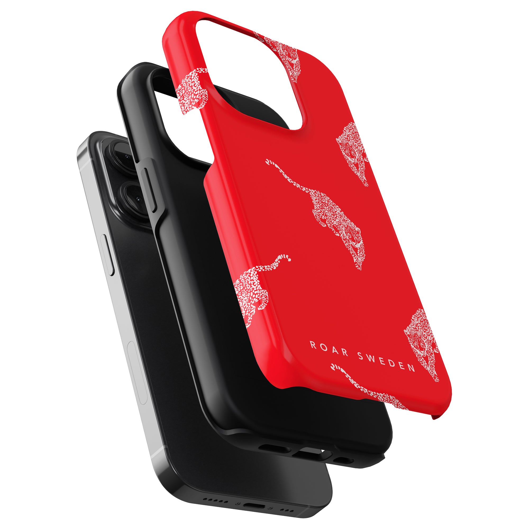 Three stylish phone cases, including a red Kitty Red Tough Case with a leopard design and the text "ROAR SWEDEN," a black Kitty Black Tough Case, and a dark gray one, are stacked together. These cases provide both stil och skydd with their elegant design.