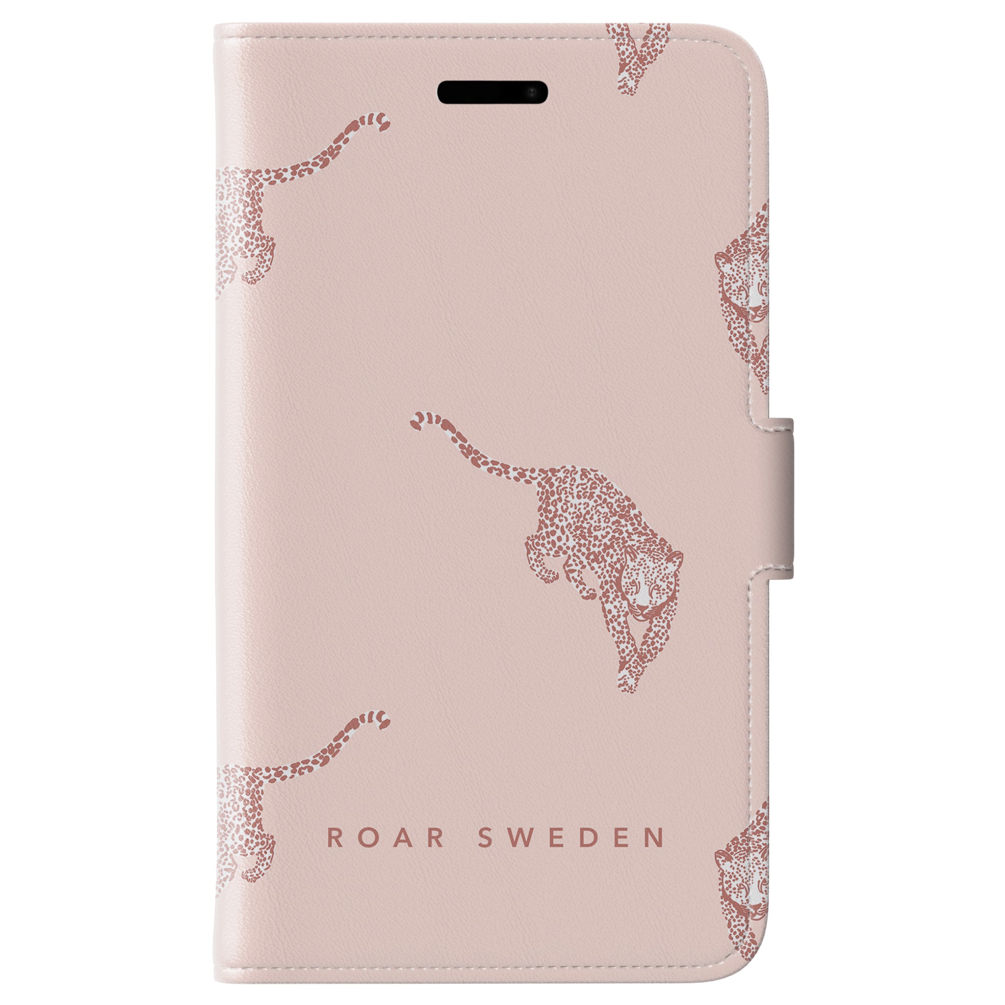 Detta Kitty Wallet-fodral visar förtjusande leopardillustrationer tillsammans med texten "ROAR SWEDEN" längst ner, som kombinerar stil och lekfullhet.