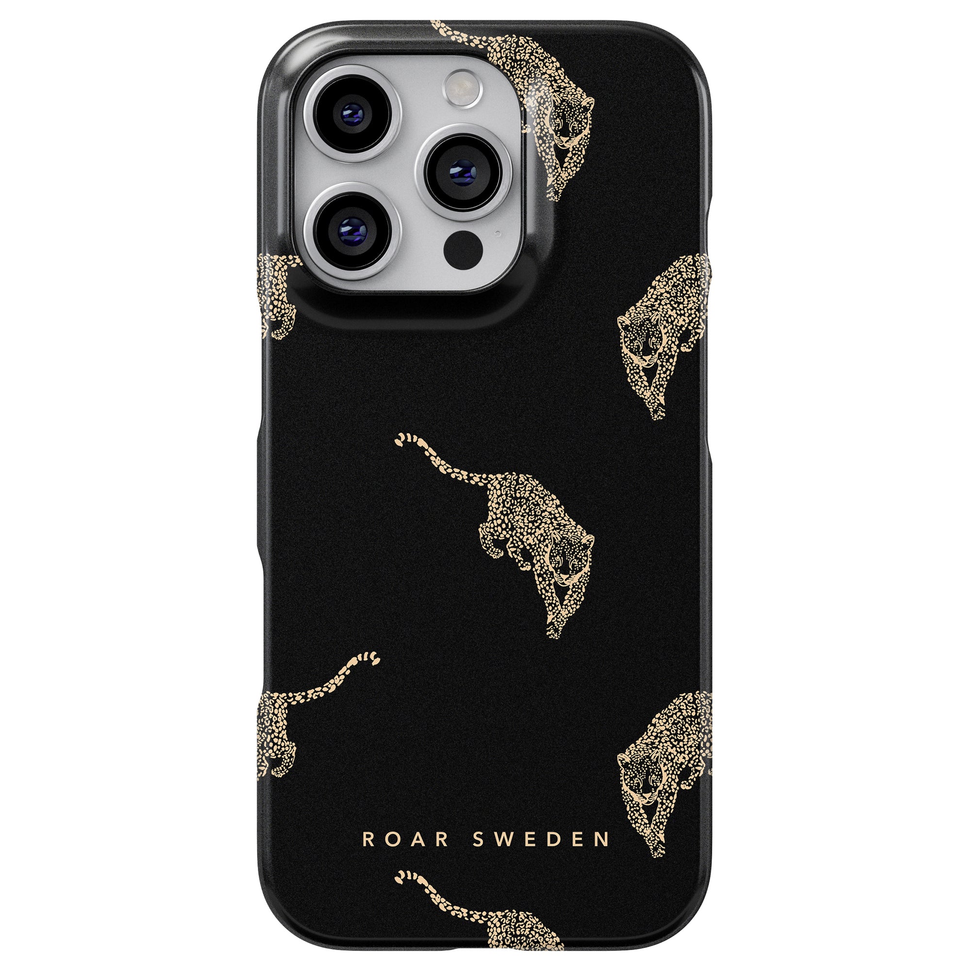 The Kitty Black - Slim case is a chic smartphone accessory featuring gold jaguar designs and the text "Roar Sweden" at the bottom. Crafted from hållbara material, this black case seamlessly blends elegance with sustainability.