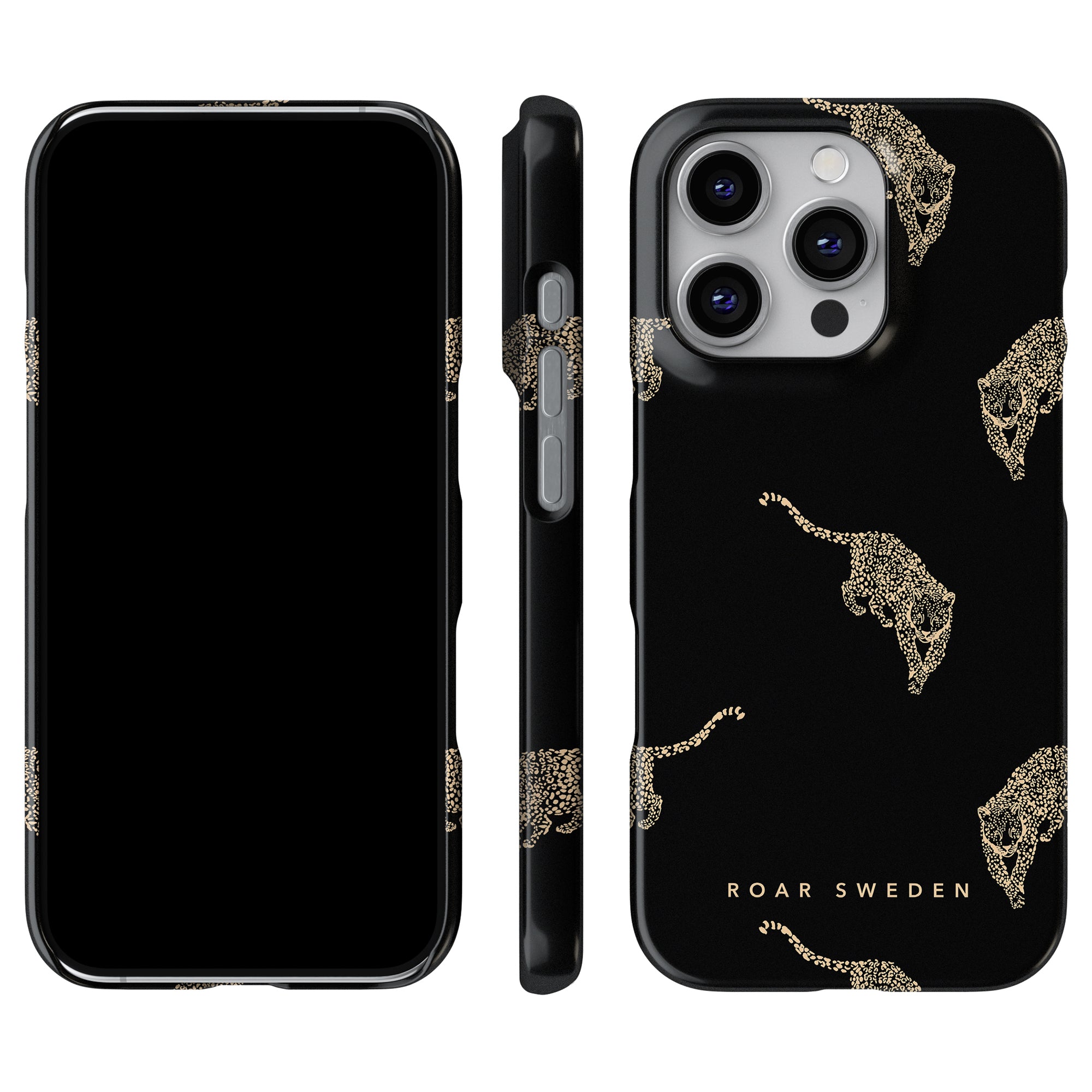 Explore the Kitty Black - Slim Case, a smartphone accessory with a chic gold leopard design. Made from durable materials, it offers views from the front, side, and back. The stylish phrase "Roar Sweden" is elegantly printed on the back for an added touch of elegance.