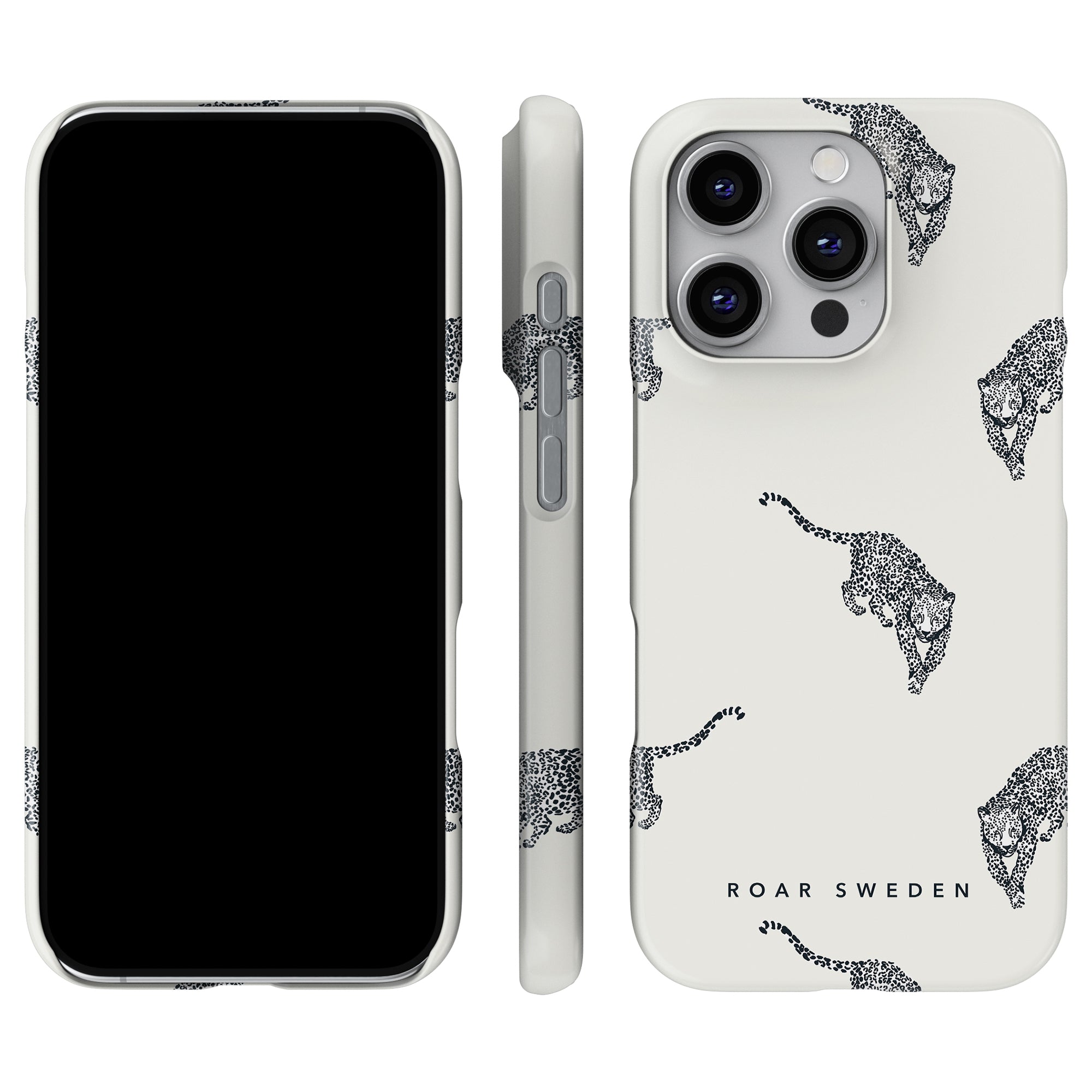 Kitty Deluxe - Slim case, featuring a leopard print mobilskal labeled "ROAR SWEDEN," exemplifying hållbarhet from every angle—front, side, and back.