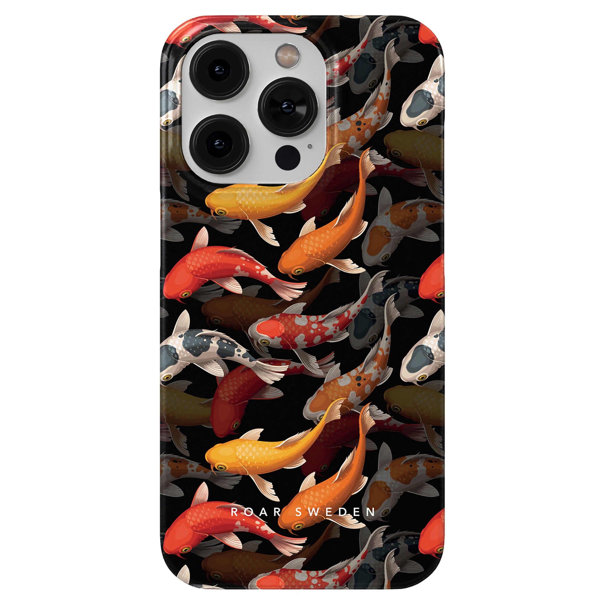 A phone encased in the Koi Pond - Slim case, featuring an elegant mobilskal with an illustration of various colorful koi fish swimming against a black background, branded with "ROAR SWEDEN" at the bottom.