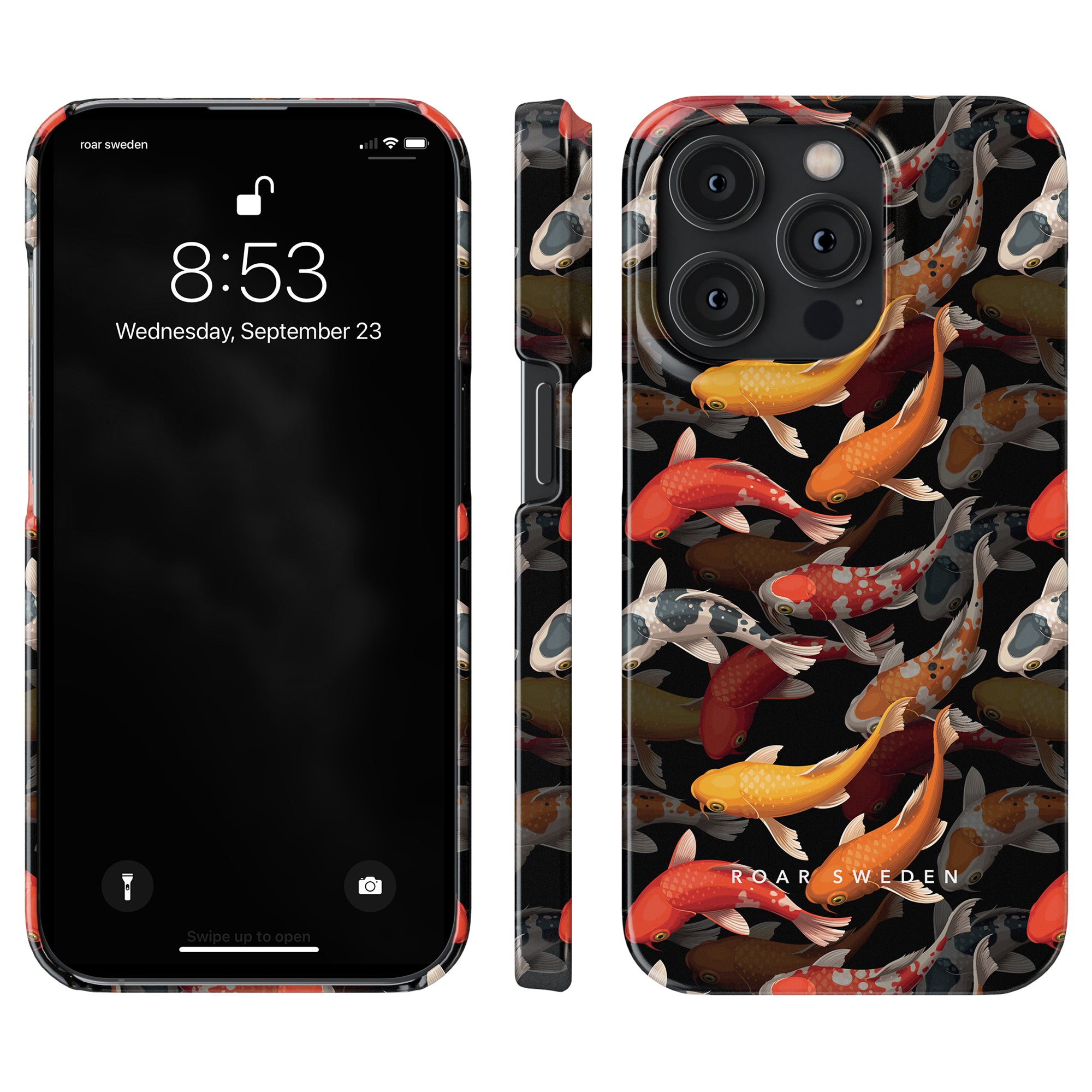 Close-up of a phone and its elegant Koi Pond - Slim case, featuring a colorful koi fish design from the Fish Collection. The phone screen shows the time as 8:53 and the date as Wednesday, September 23.