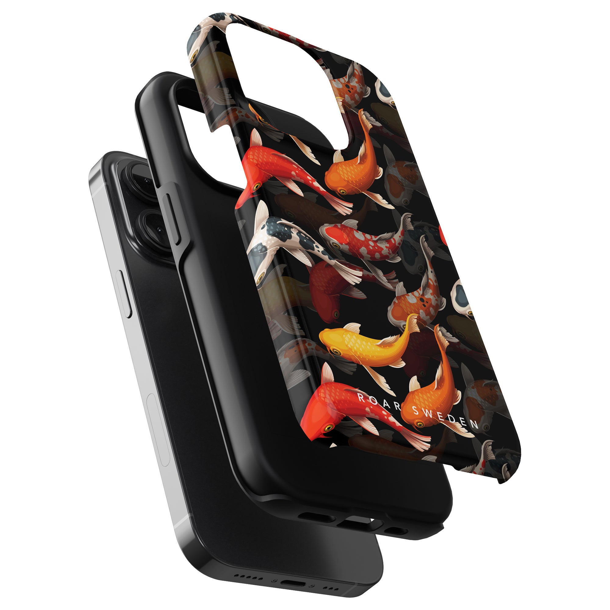 A stack of three mobile cases with the outermost one being the Koi Pond - Tough case, showcasing a design of various floating orange, red, and white fish on a black background.