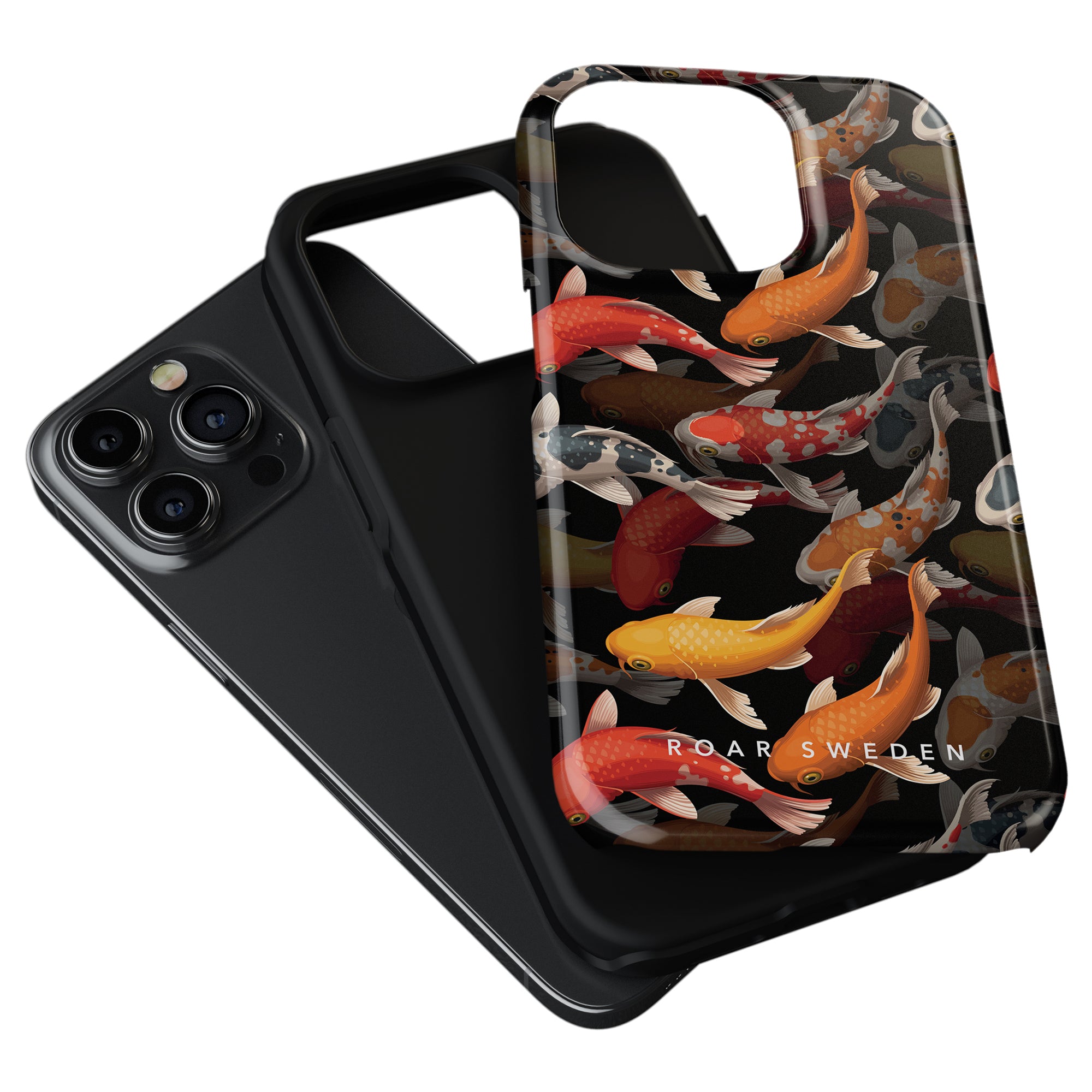 The "Koi Pond - Tough case" features a vibrant koi fish design, evoking the tranquility of a serene Koi Pond, and partially covers a black smartphone with rear triple cameras. The brand name "Roar Sweden" is visible on the mobilskal, blending style with effective skydd.