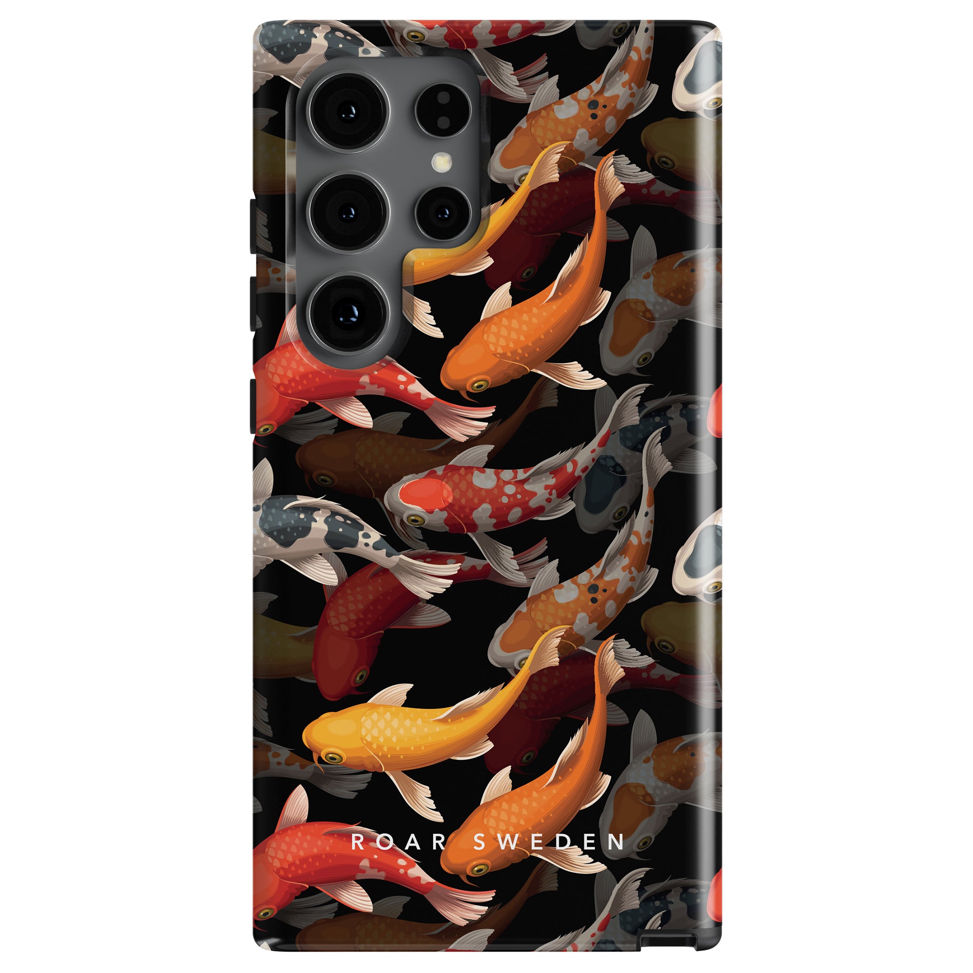 A smartphone encased in the Koi Pond - Tough case, showcasing a decorative mobilskal adorned with colorful koi fish in various shades, reminiscent of a serene koi pond, and featuring 'Roar Sweden' printed at the bottom for added style and protection.