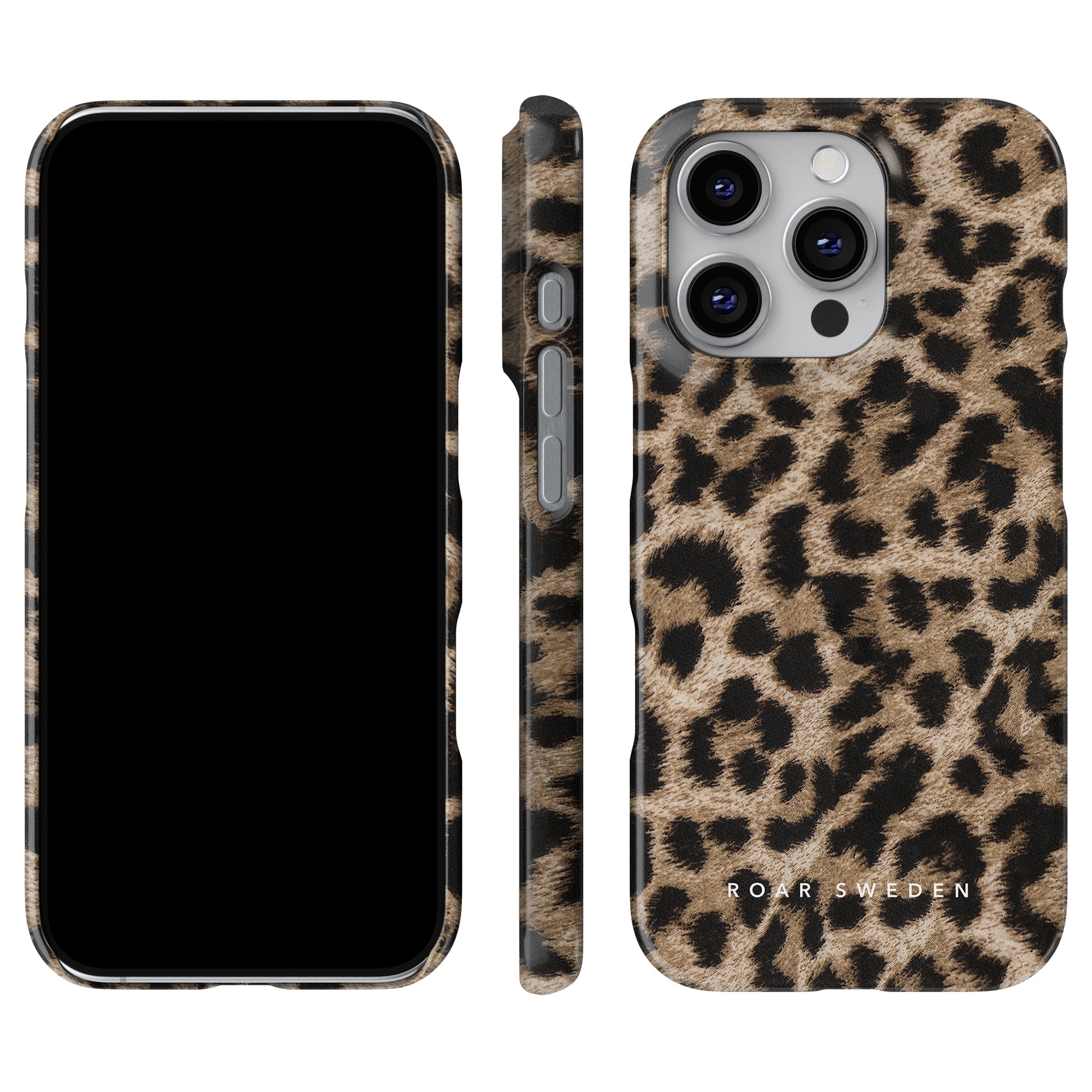 Leopard - Slim case shown from front, side, and back views; a chic accessory blending style with effective smartphone protection.