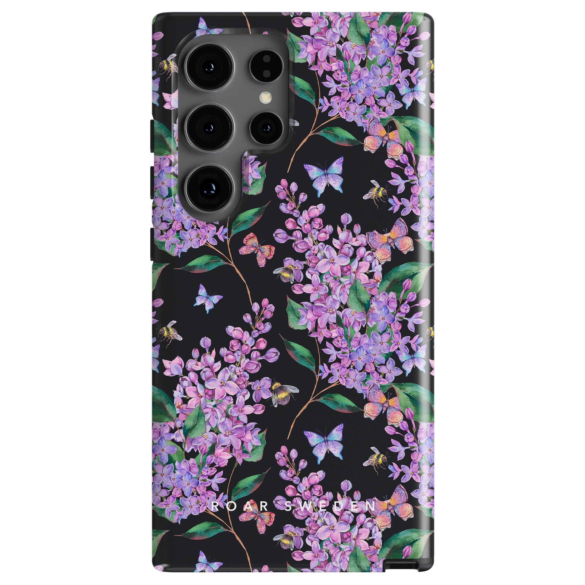 A Lilac - Tough case with a floral pattern featuring lila blommor and butterflies on a black background. The camera openings are visible at the top left corner. The elegant och mystisk look is completed with the text "Rifle Paper Co.