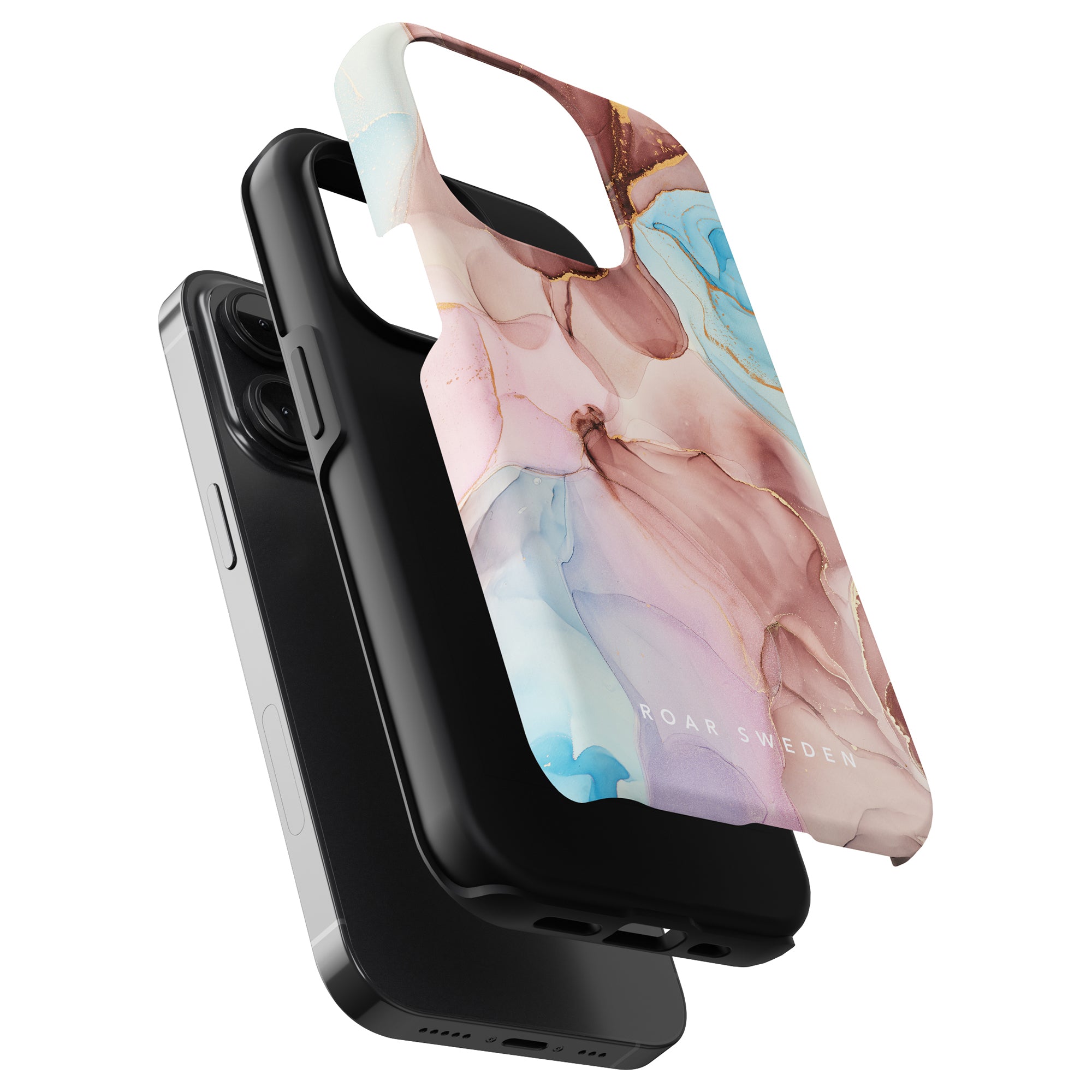 Three phone cases stacked: the top one, part of the Marble Collection, features a pastel abstract design. The middle one is black and is known as Marvellous - Tough Case for its durability, while the bottom one from Roar Sweden is sleek in metallic gray.