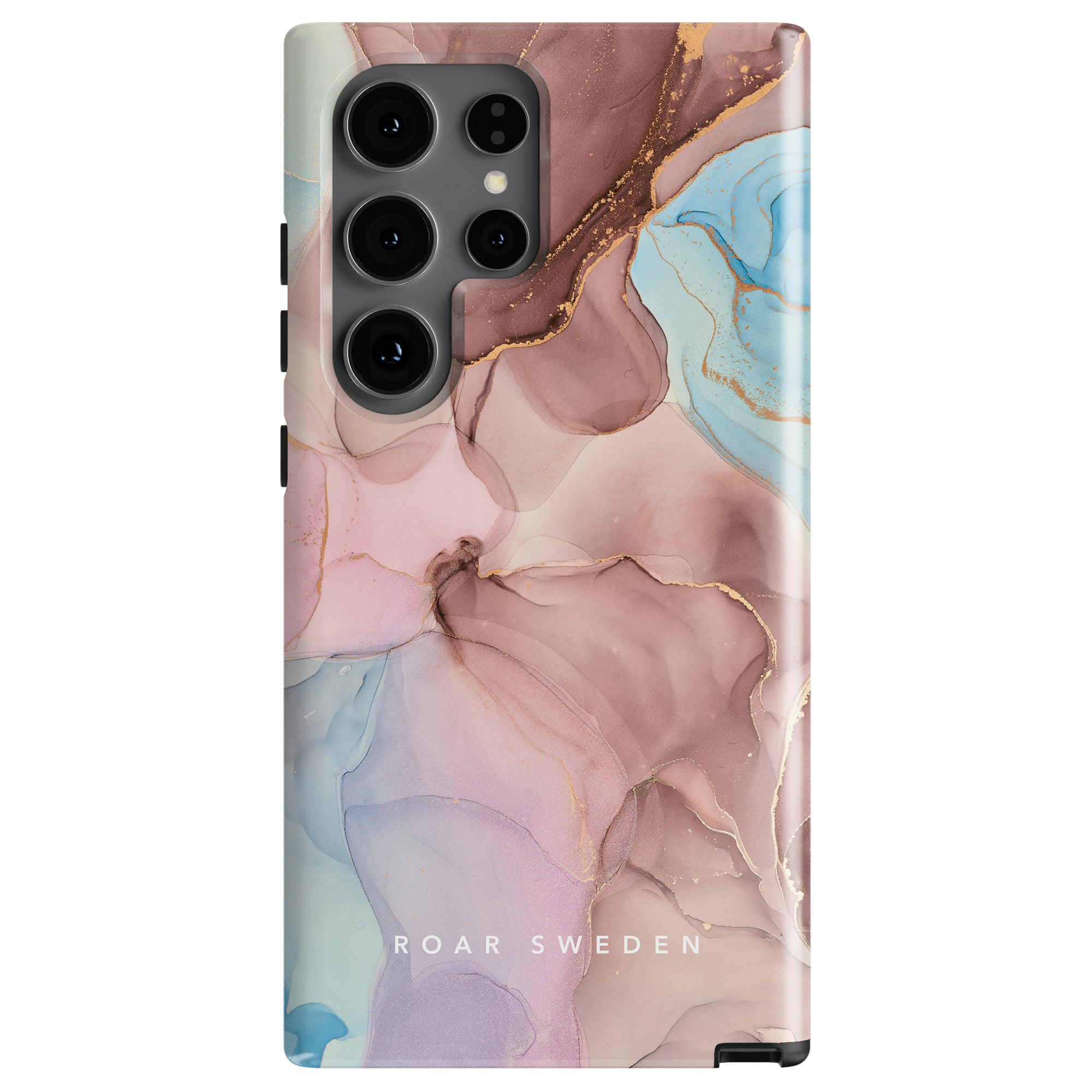 The Marvellous - Tough Case is a stylish smartphone cover featuring an abstract, marble-style pattern in shades of pink, blue, and gold. Part of the Marble Collection, this case showcases the text "ROAR SWEDEN" at the bottom.