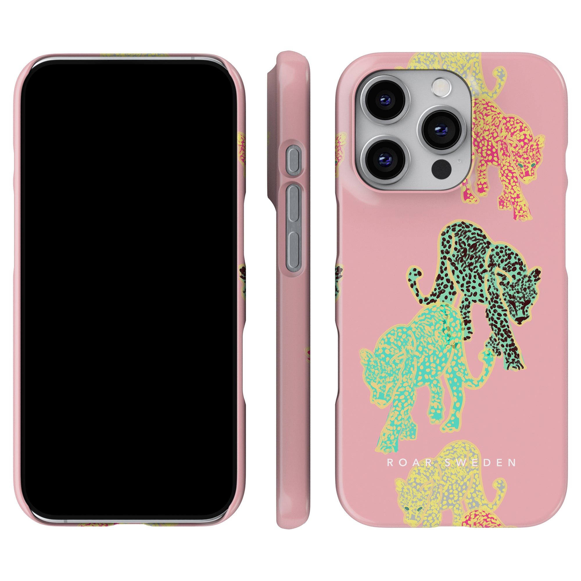 Vi presenterar Meow Slim Case: ett livfullt rosa telefonfodral prydd med en färgglad leoparddesign och texten "ROAR SWEDEN" längst ner. Bilden visar tre olika vinklar—framsidan, sidan och baksidan—av detta eleganta fodral, utformat för att ge snyggt skydd mot repor.