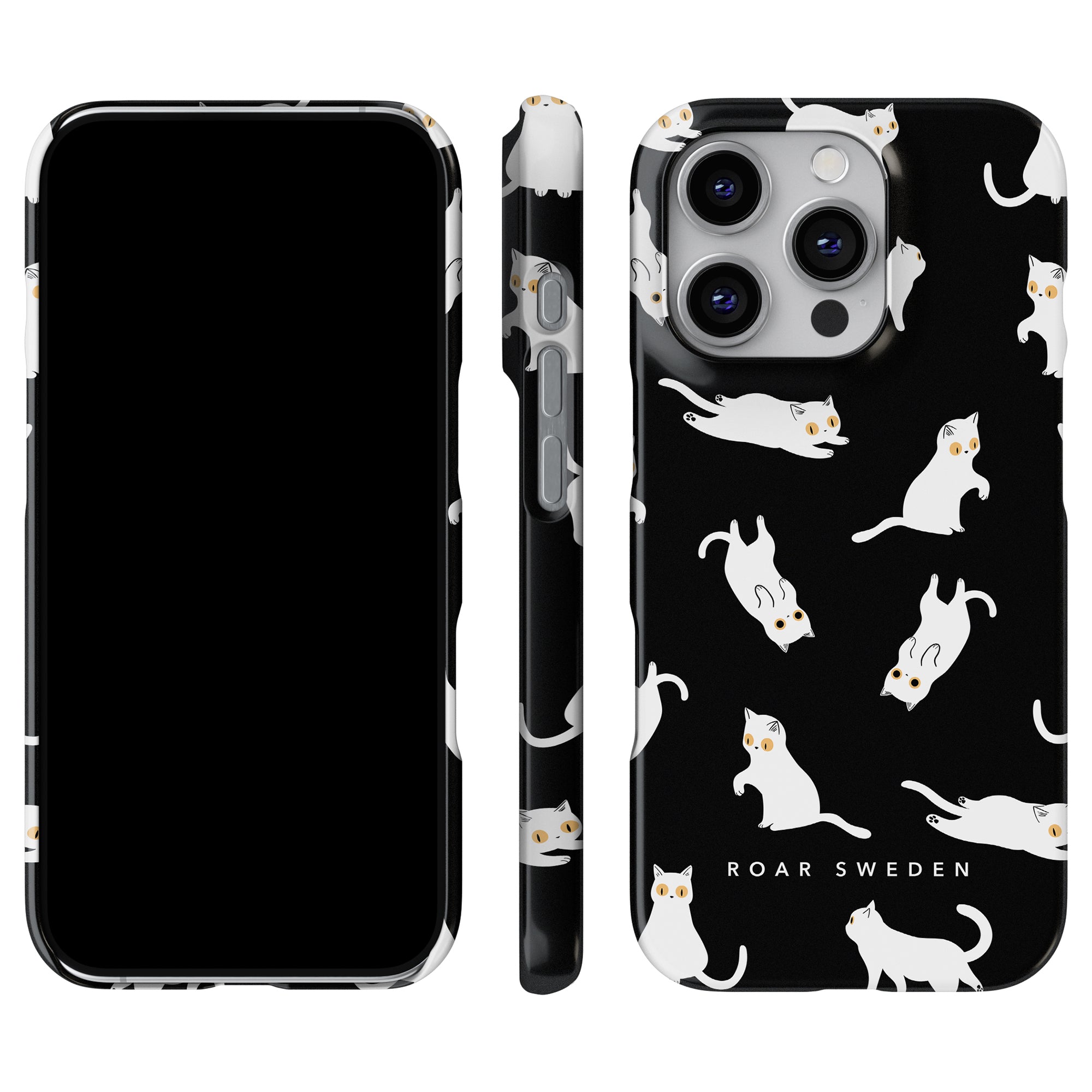 Introducing the Night Cat - Slim case, a black smartphone case adorned with an exclusive kattmotiv of white cats in playful poses. As part of the prestigious Cat Collection, this case prominently features the "ROAR SWEDEN" logo at the bottom. Both front and back views are beautifully showcased.