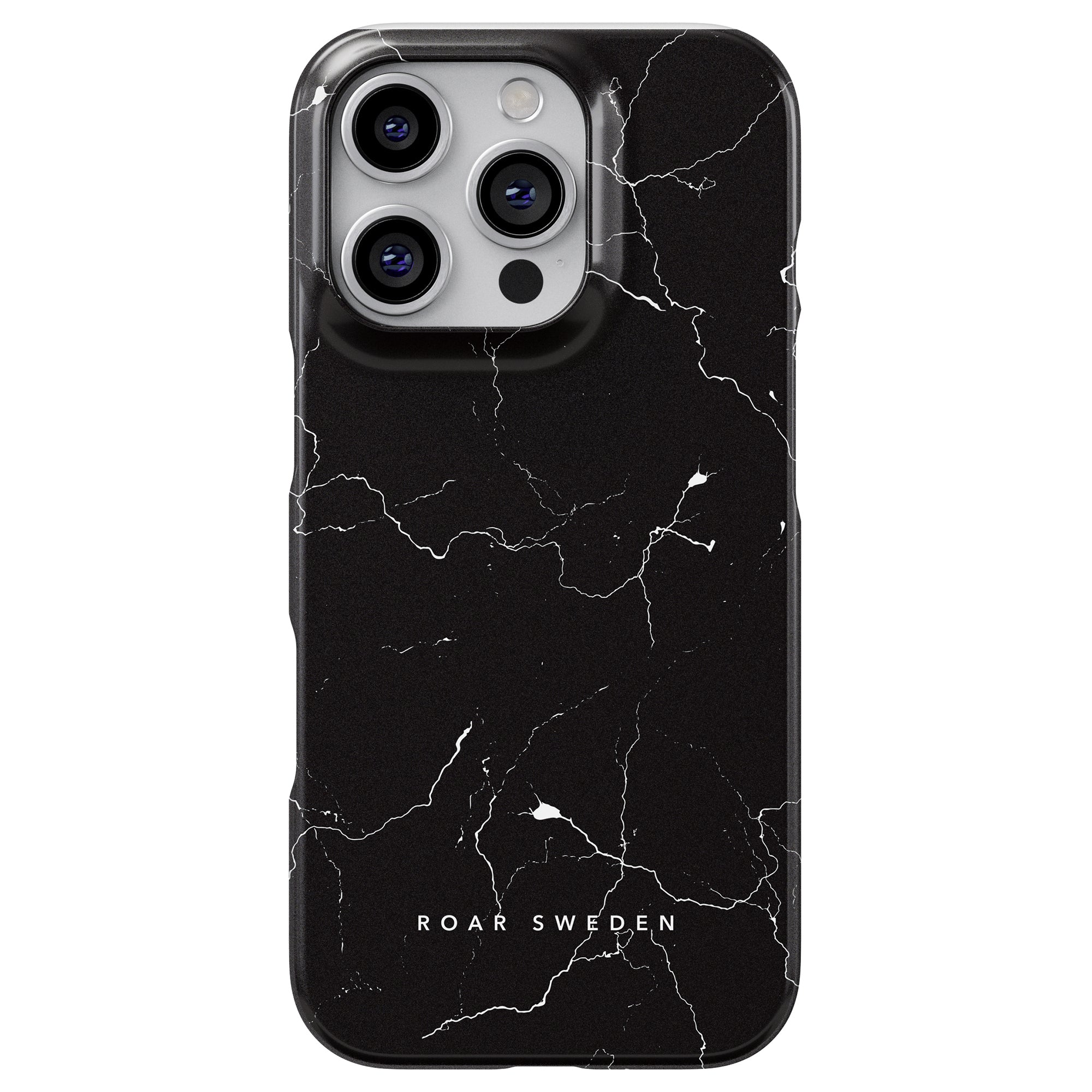 Night Lightning - Slim case smartphone, prydd med ett elegant svart marmormönster och texten "ROAR SWEDEN" på baksidan, erbjuder en elegant mobilskaldesign.