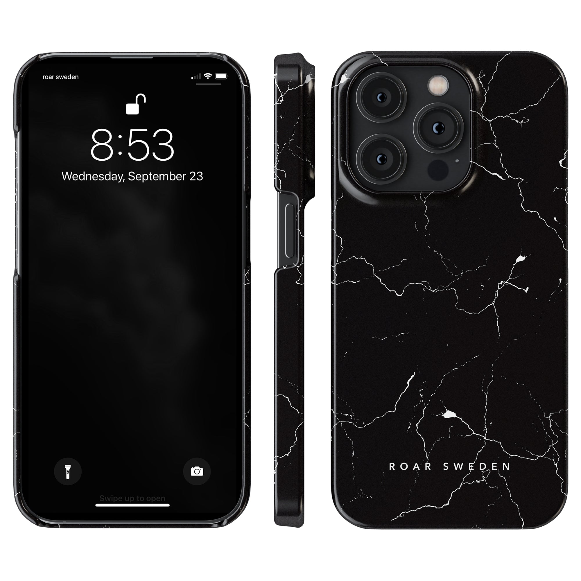 A smartphone with a black marble slim case labeled "Night Lightning - Slim case" is displayed from the front, side, and back, showing the lock screen with the time 8:53 and date Wednesday, September 23. The elegant mobilskal adds a touch of sophistication to your device.