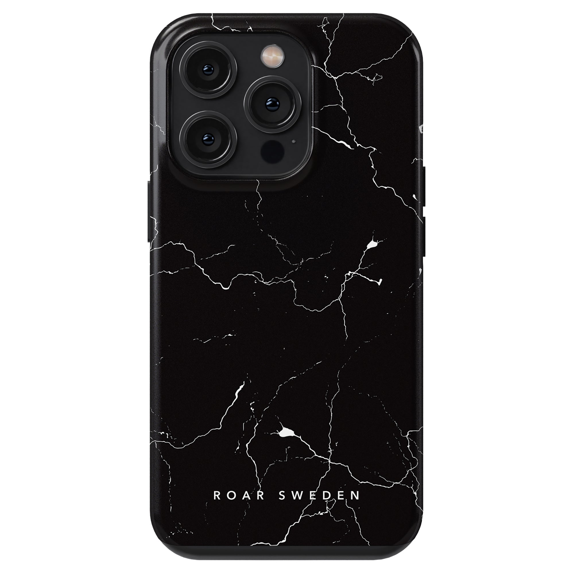 A black smartphone with the Night Lightning - Tough case, featuring a marble-patterned design and the text "ROAR SWEDEN" at the bottom, providing maximalt skydd.