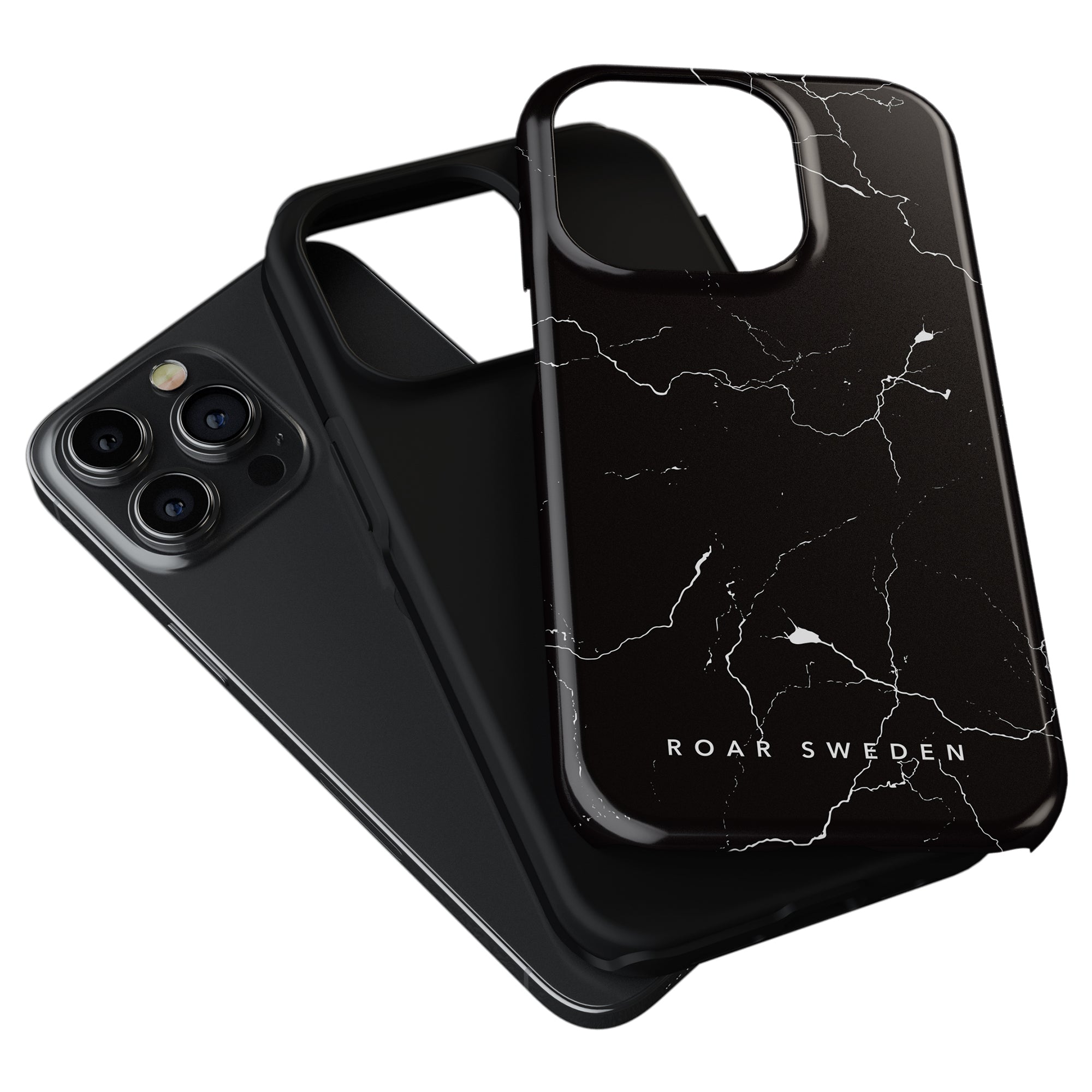 Two smartphone cases are displayed: one labeled "Roar Sweden" featuring a marble design on black, and another plain black. An iPhone with three camera lenses is partially visible, both providing maximal protection for your device. Both cases are under the Product Name: Night Lightning - Tough Case.